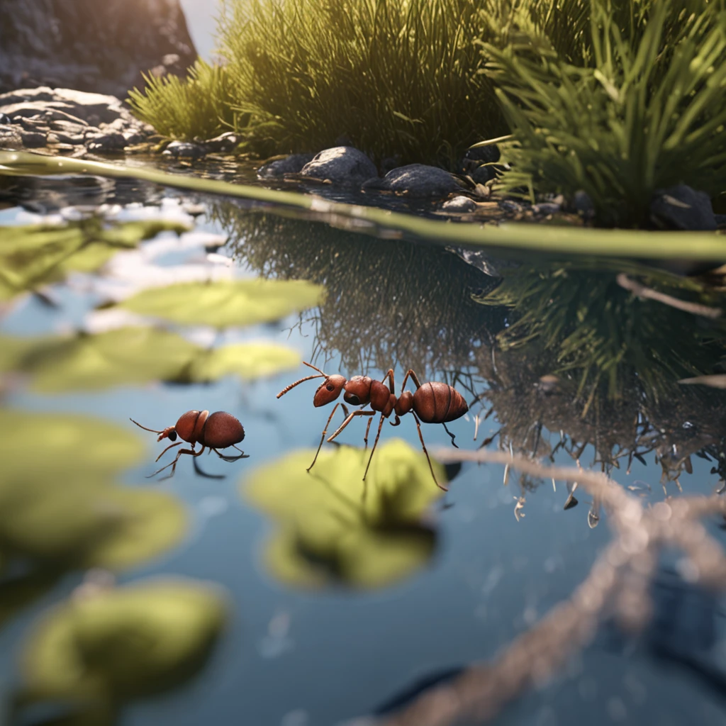 An ant looking in the mirror by the stream，An ant uses the stream as a mirror image，High-angle lens shooting，photorealistic cinematic render, Cinematic 3D rendering, realistic cgi render, Depicted as a 3D rendering