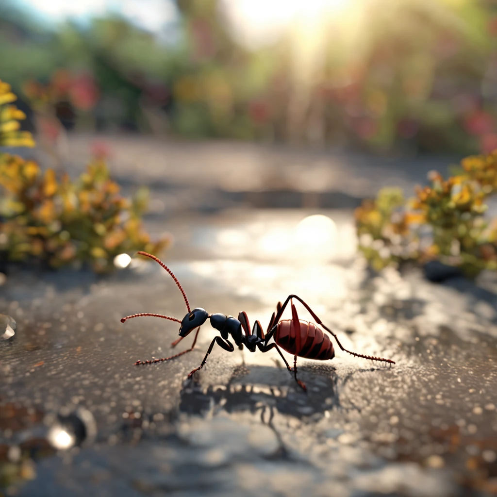 An ant looking in the mirror by the stream，An ant uses the stream as a mirror image，High-angle lens shooting，photorealistic cinematic render, Cinematic 3D rendering, realistic cgi render, Depicted as a 3D rendering