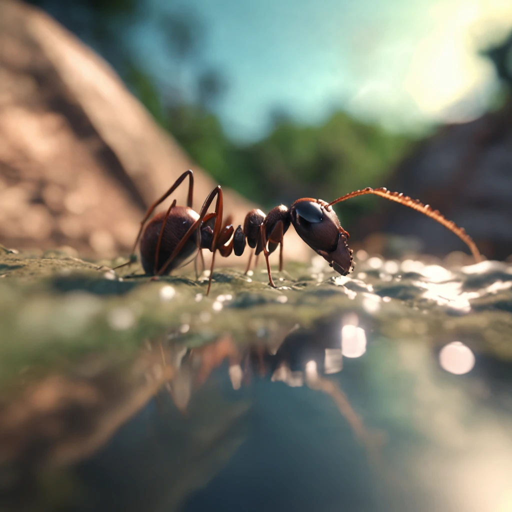 An ant looking in the mirror by the stream，An ant uses the stream as a mirror image，High-angle lens shooting，photorealistic cinematic render, Cinematic 3D rendering, realistic cgi render, Depicted as a 3D rendering