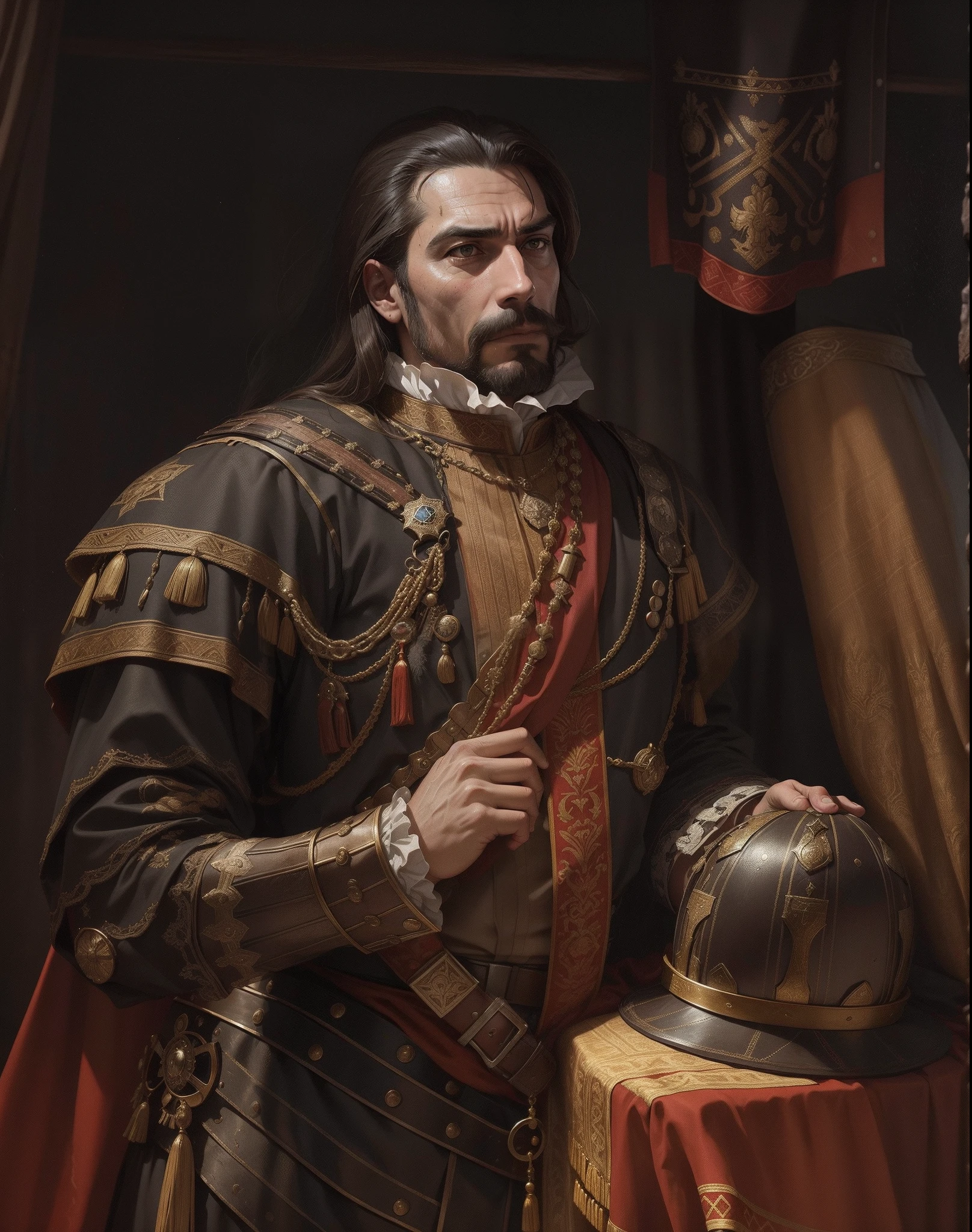 Hernan Cortes, Spain Great conquistador, Spain commander, captain, victorious, 16th century, renaissance, age of exploration, the greatest of all the times, age of 34, very handsome, fortunate, lucky, man, Spanish, Conquistador of all seas, great hero,impressive, Deep outline, daring, brave, energetic, opportunitist, curious, ambitious, clever, strong,very attractive, powerful, realistic, decisiveness, ready to fight, muscular, sophisticated, tough, fierce, resilience, diligent, impolite, destructive