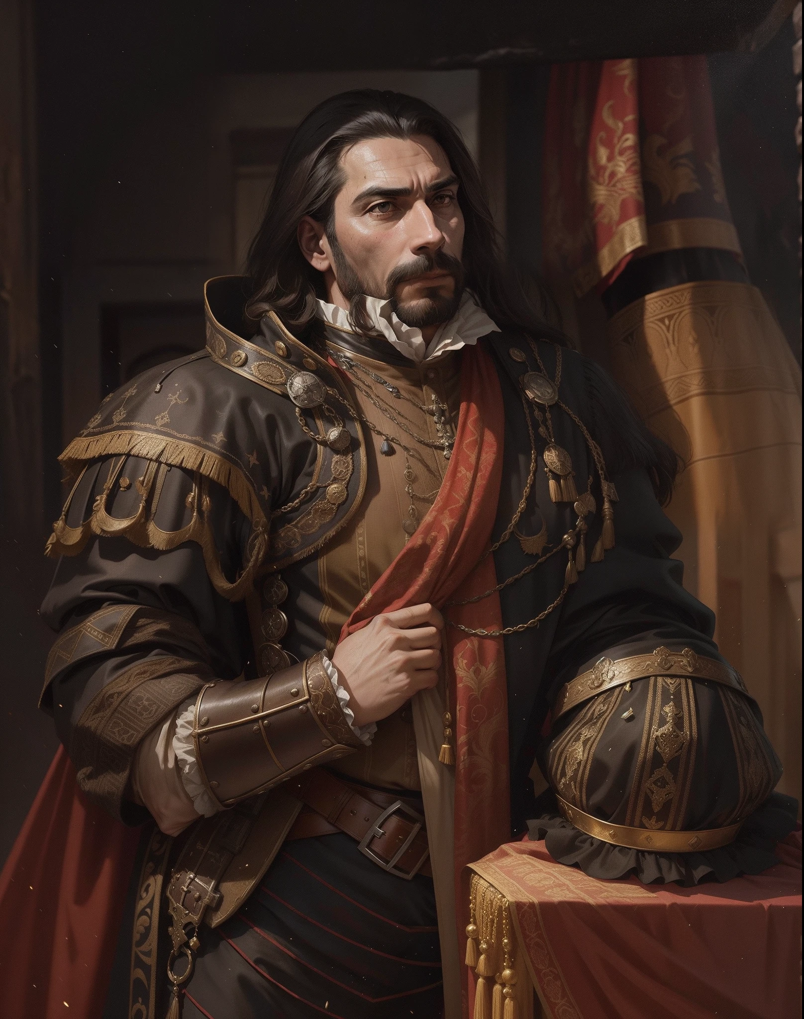 Hernan Cortes, Spain Great conquistador, Spain commander, captain, victorious, 16th century, renaissance, age of exploration, the greatest of all the times, age of 34, very handsome, fortunate, lucky, man, Spanish, Conquistador of all seas, great hero,impressive, Deep outline, daring, brave, energetic, opportunitist, curious, ambitious, clever, strong,very attractive, powerful, realistic, decisiveness, ready to fight, muscular, sophisticated, tough, fierce, resilience, diligent, impolite, destructive