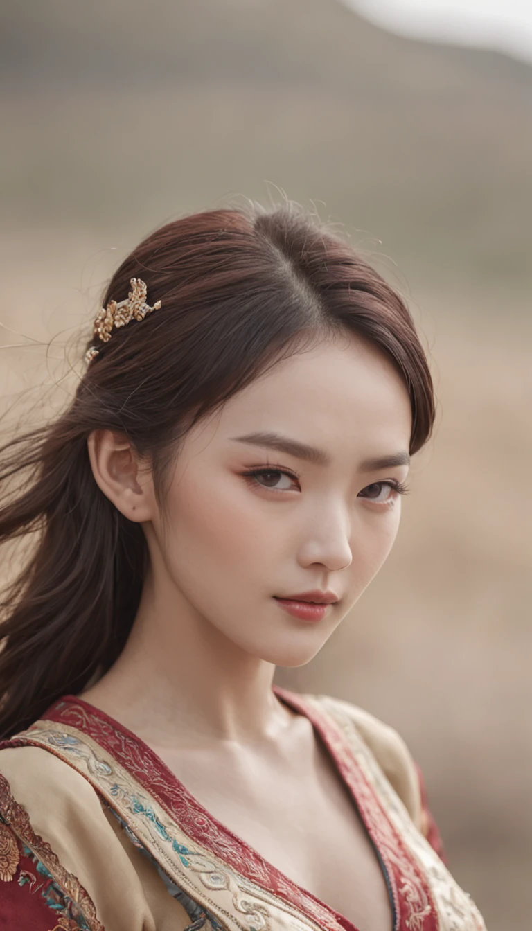 Mongolian wo,an、sideface、Look into the distance,on sexy dress