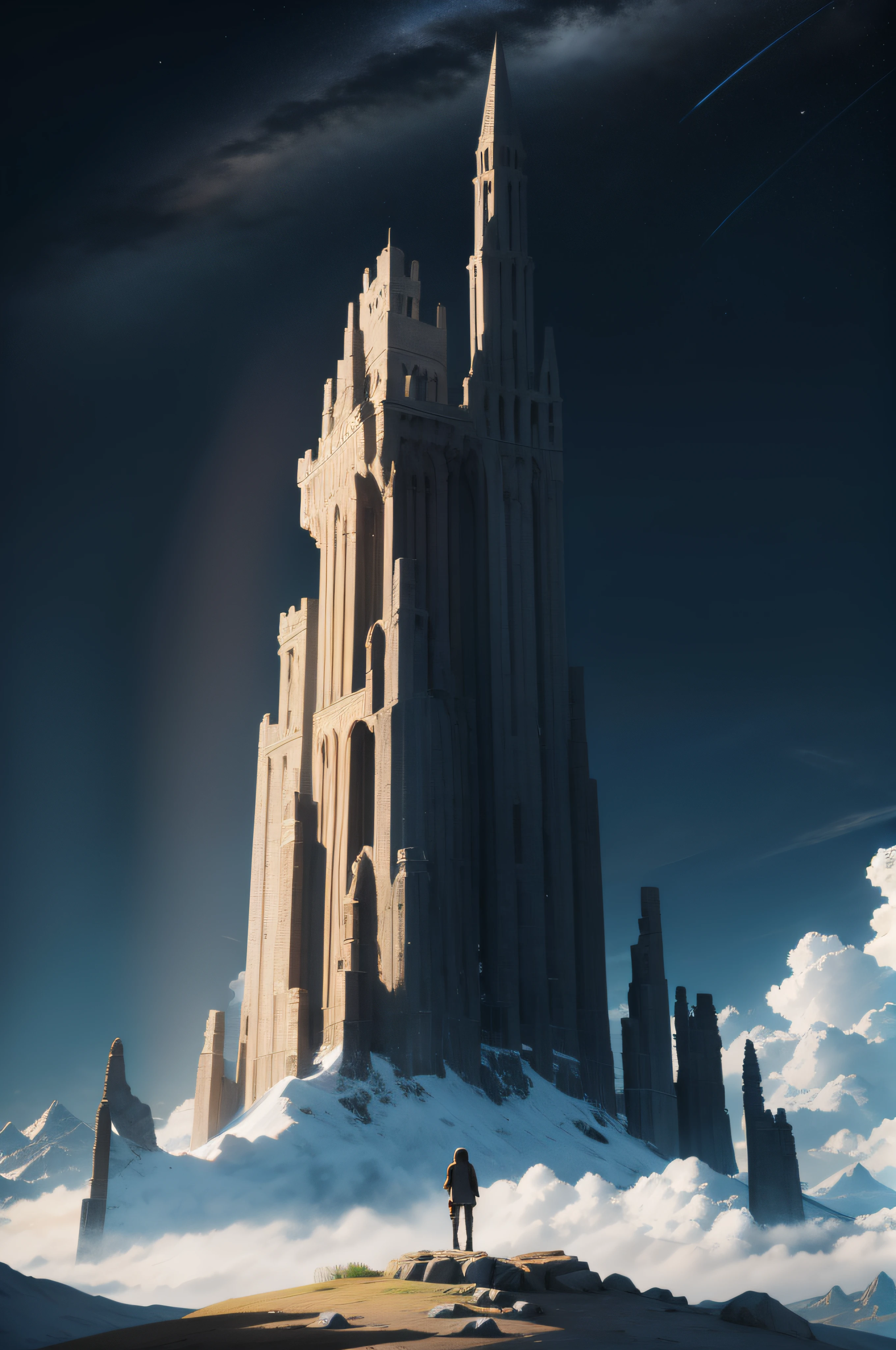 high qulity，The pinnacle of the world，hilltop，Several people stood at the top and looked out，Magnificent atmosphere，a picture，over distances