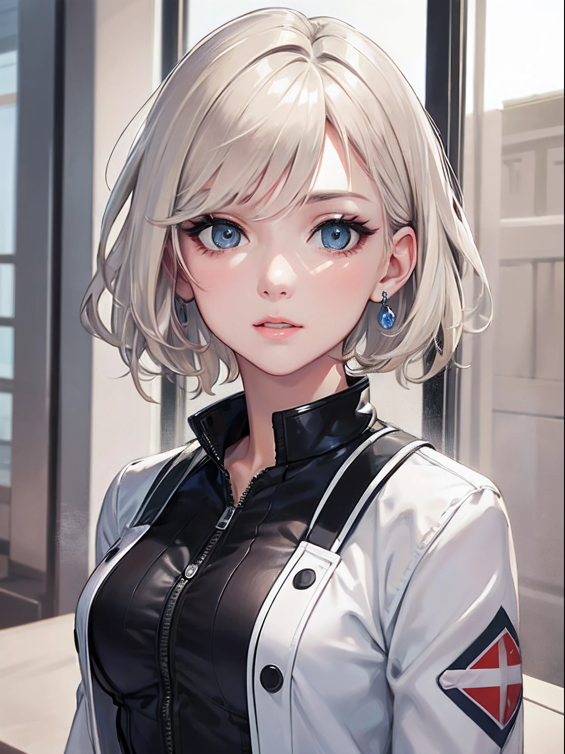 masterpiece、top-quality、hight resolution、High-quality images、8K、1maidennurse、detaileds、Detailed eye depiction、skin gloss、shinny hair、Platinum blonde short hair、Soft hair、anastasia、portlate、classic car、English Newspapers、