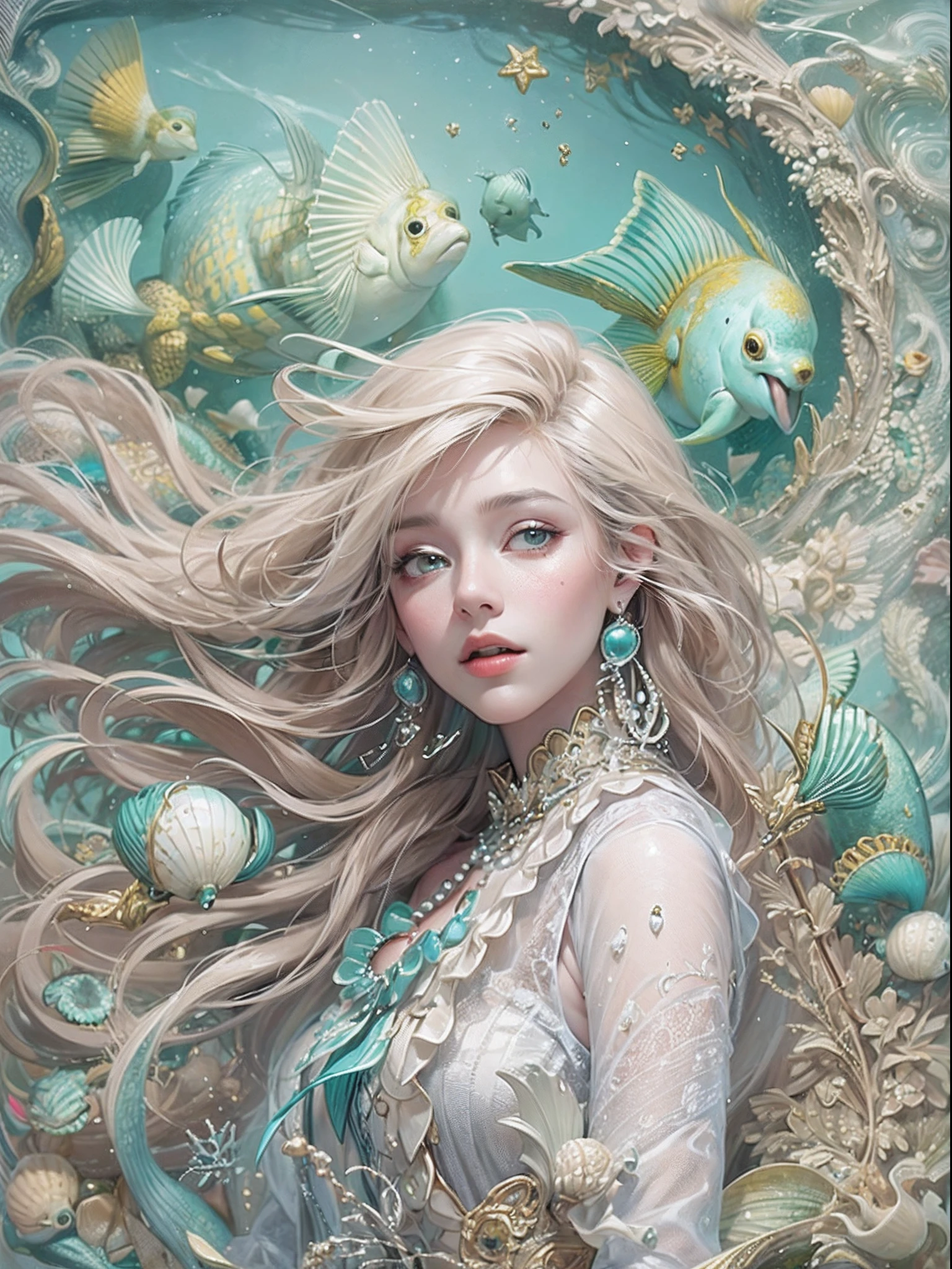 (RAW shooting, 32k, highest quality, masterpiece, Ultra-high resolution), (Under the sea at night:1.0, Dramatic moonlight:0.7, Mysterious underwater world:1.3, Expressions of sadness:1.0), Fractal Art:1.3, Perfect dynamic composition:1.2, Very detailedな肌と顔の質感:1.2, Beautiful shell and coral decoration, Surrounded by lots of colorful fish, Rich underwater vegetation, (View the subject from a distance:1.3, Dynamic flow of water waves:1.2, Slim mermaid figure:1.0, Shimmering Scales, Mermaid tail), Fair skin, Incredibly slim body:1.0, Very beautiful face, Water droplets on the skin, Very detailed, Gorgeous silver shiny dress portrait, Big eyes that exude beauty, Beautiful big lips, elegant and sophisticated, Unreal atmosphere, necklace, Earrings, bracelet