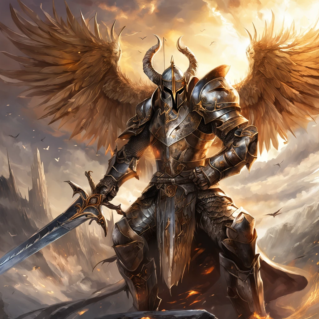 In a kingdom ravaged by darkness and despair, Imagine a scenario，The heavily armed angel knight appears as a beacon of hope. Dressed in glittering armor, The knight stood tall，Stretch your wings, Exudes an aura of strength and unwavering determination. Set the scene on a desolate battlefield, The remnants of a fierce battle are scattered on the scorched earth. The sky overhead crackled with dark energy, Hint that there is still an imminent threat. Rest Explore the intricate details of the knight's armor, From polished metal plates decorated with celestial motifs to the ethereal glow emitted by swords and shields. Consider their expression, Capture the determination and compassion that defines its noble goals. Rest as the knights investigate the consequences of the battle, Describe the landscape in progress – a war-torn land，Scarred by darkness, But he was touched by a faint ray of hope. Explore the poignant contrast between destruction and the tenacity embodied in knighthood. Break Make a story or scene，Summarizing the essence of this moment, Get an insight into the knight's motives, Internal struggle, and the weight of their responsibilities as protectors. Consider weaving elements of the fantasy world they inhabit, For example, Otherworldly creatures or dark forces, Enhance the narrative，Drive the journey of the knight heroes.