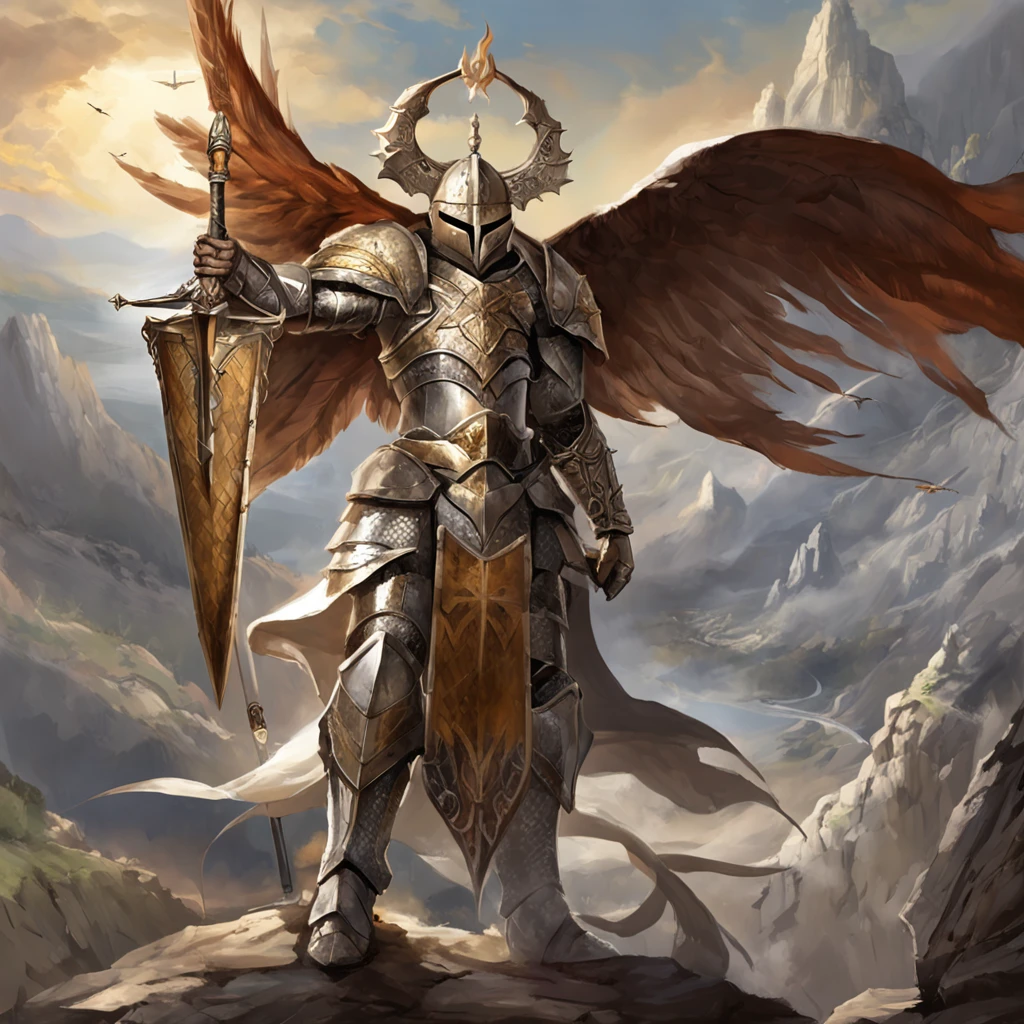 In a kingdom ravaged by darkness and despair, Imagine a scenario，The heavily armed angel knight appears as a beacon of hope. Dressed in glittering armor, The knight stood tall，Stretch your wings, Exudes an aura of strength and unwavering determination. Set the scene on a desolate battlefield, The remnants of a fierce battle are scattered on the scorched earth. The sky overhead crackled with dark energy, Hint that there is still an imminent threat. Rest Explore the intricate details of the knight's armor, From polished metal plates decorated with celestial motifs to the ethereal glow emitted by swords and shields. Consider their expression, Capture the determination and compassion that defines its noble goals. Rest as the knights investigate the consequences of the battle, Describe the landscape in progress – a war-torn land，Scarred by darkness, But he was touched by a faint ray of hope. Explore the poignant contrast between destruction and the tenacity embodied in knighthood. Break Make a story or scene，Summarizing the essence of this moment, Get an insight into the knight's motives, Internal struggle, and the weight of their responsibilities as protectors. Consider weaving elements of the fantasy world they inhabit, For example, Otherworldly creatures or dark forces, Enhance the narrative，Drive the journey of the knight heroes.