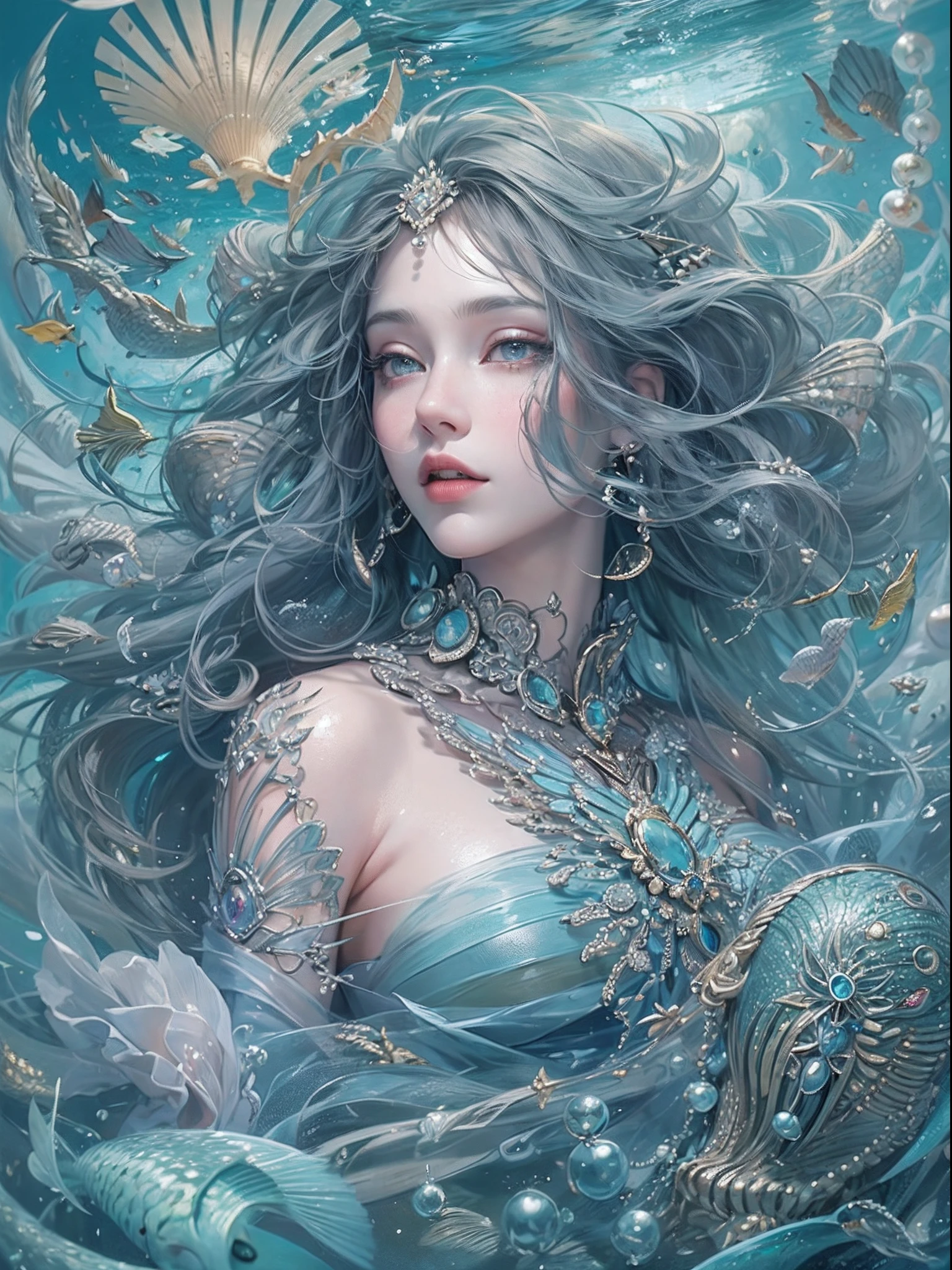 girl, 18 years old, small breast, wearing white dress, Flowing robes, detailed dress ornament, flowing hair, glowing hair, hair ornament, light on face, intricate magical circles, glowing runes, shimmering aura, intense focus, arcane incantations, crackling energy, levitating artifacts, ethereal staff, swirling mist, sparkling motes, mystical crystals, glowing sigils, intricate hand movements, otherworldly chanting, mysterious symbols, powerful invocation, transcendent awareness, phoenix dress, (underwater:1.8), (white dress, Iridescent rainbow hair:1.55), (((water bubbles, colorful fish, beautiful coral life))), (detailed fabric, detailed ornament:1.4), fantasy, Haircut model by Side braid, possed is Lying down pose, sharp green, shooting angle is Rim lighting shot, time is Rim Light, BREAK hyper realistic, intricate design, insanely detailed, extremely fine details, Extremely sharp lines, cinematic lighting, Photo realistic, a detailed painting by Esao Andrews and Anton Fadeev, Raw photo, high detailed, 8k, UHD, dslr, softlighting, HDR, warm light, high quality, film grain, fujifilm XT3, photorealistic, masterpiece, best quality, hyper-detailed, 8K, warm lighting, soft lighting, masterpiece, best quality, detailed, highest quality, ultra detailed, highres, cinematic light, splendid and colorful, out of focus, RAW photograph, art portrait, absurdres, high contrast, colorful, highest details,