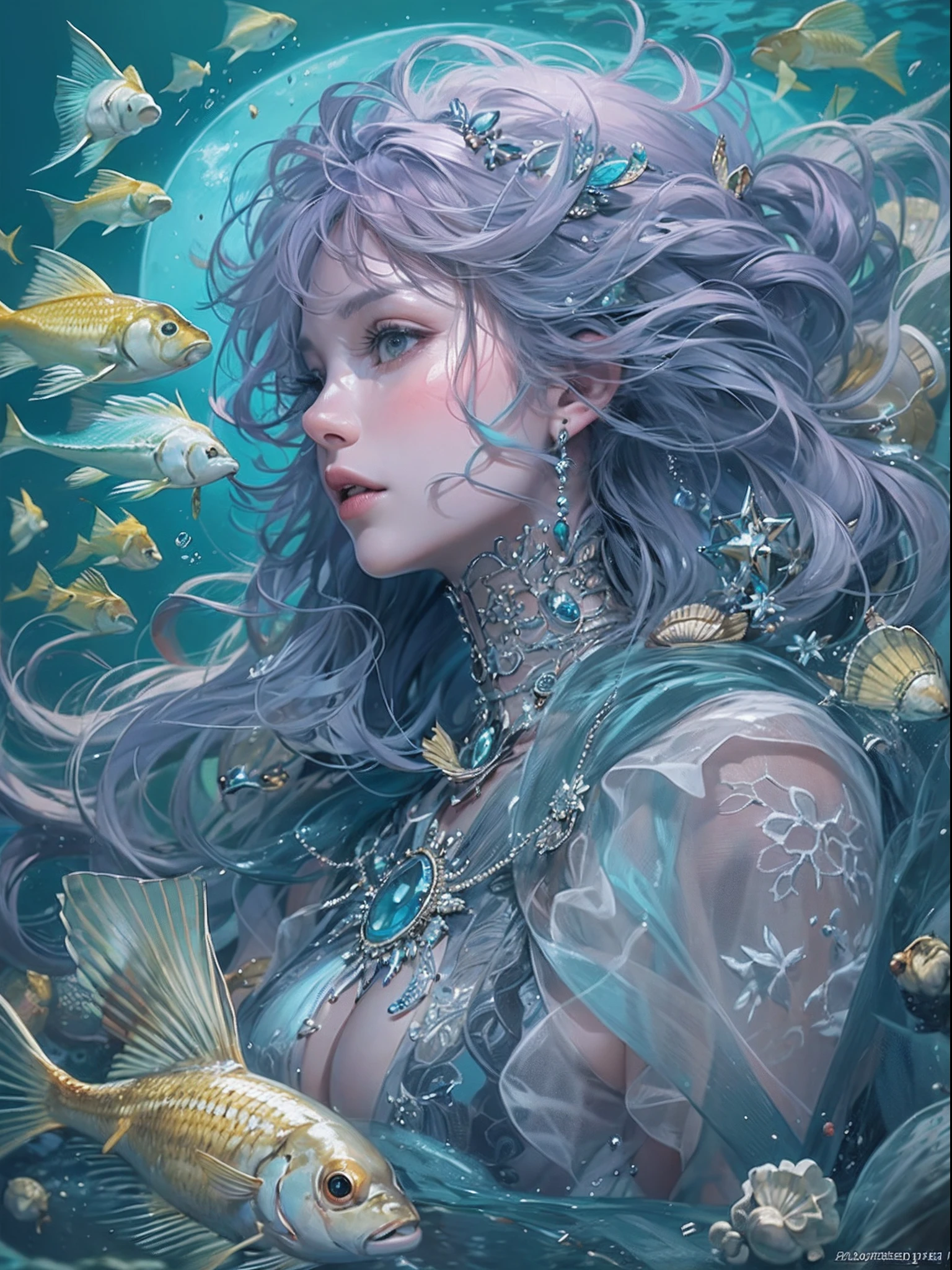 offcial art, Unity 8k壁纸, Ultra-detailed, Beautiful and aesthetically pleasing, tmasterpiece, best qualityer, (zentangle, datura, clew, meshing), (s fractal art: 1.3), 1 mermaid, (purple haircut: Long hair) Ocean, Extremely detailed, dynamic angle, Cowboy shot, The most beautiful forms of chaos, elegant, Fauvistdesign, vivd colour, romanticism lain, Seafoam, Buble, shells, Fish, pearls