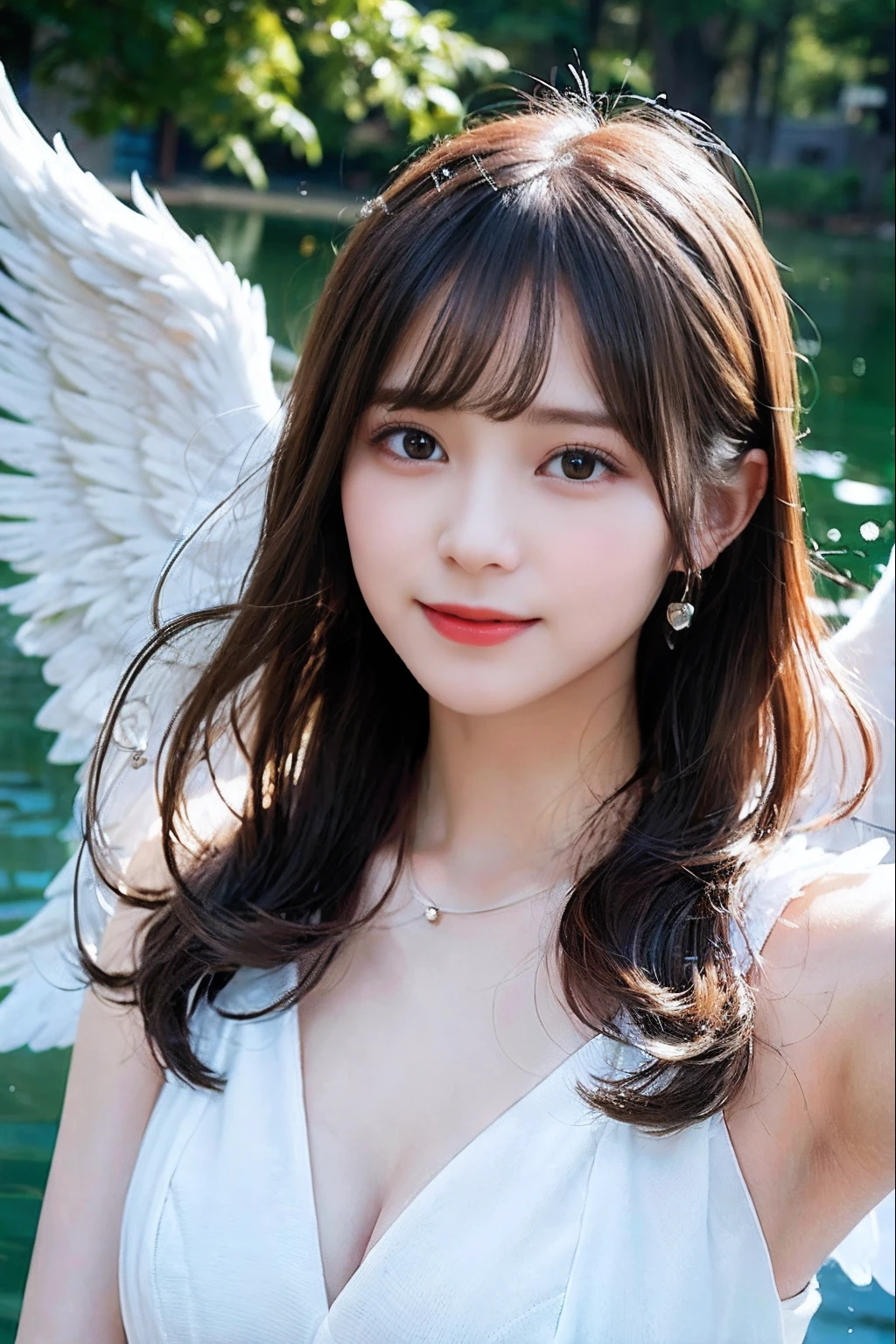 (Sheer and revealing white fluffy outfit:1.3, ),(Angel with glass wings floating on lake:1.3),,shiny light brown and orange striped hair,,,Cute smile,Perfect round face,A cheerful smile that makes the viewer happy,Proper body proportion,masutepiece,Super high-quality output images,hight resolution,Intricate details,Hair fluttering in a very delicate and beautiful wind,photos realistic,Dreamy,Professional Lighting,realistic shadow,Solo Focus,Beautiful hands,Beautiful fingers,Detailed finger features,detailed clothes features,Detailed hair features,detailed facial features,