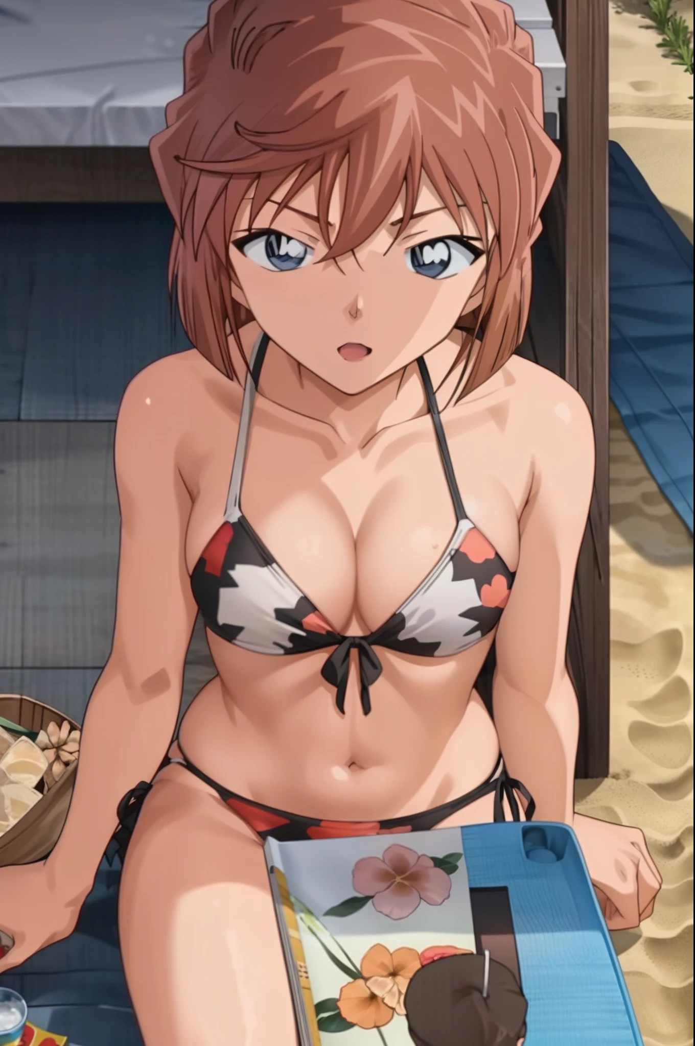 haibaratv,1girl in,anime screen cap,brown haired,shorth hair,The bikini,mare,sitting on,read a book,sand beach,