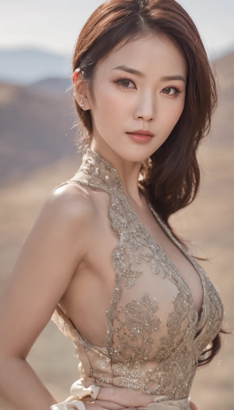 Mongolian woman、sideface、Look into the distance,on sexy dress,full body view with big  boobs
