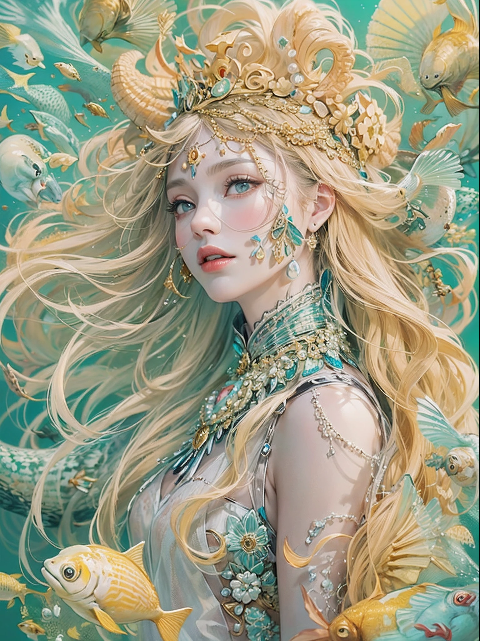offcial art, Unity 8k壁纸, Ultra-detailed, Beautiful and aesthetically pleasing, tmasterpiece, best qualityer, (zentangle, datura, clew, meshing), (s fractal art: 1.3), 1 mermaid, (Yellow hairstyle: Long hair) Ocean, Extremely detailed, dynamic angle, Cowboy shot, The most beautiful forms of chaos, elegant, Fauvistdesign, vivd colour, romanticism lain, Seafoam, Buble, shells, Fish, pearls