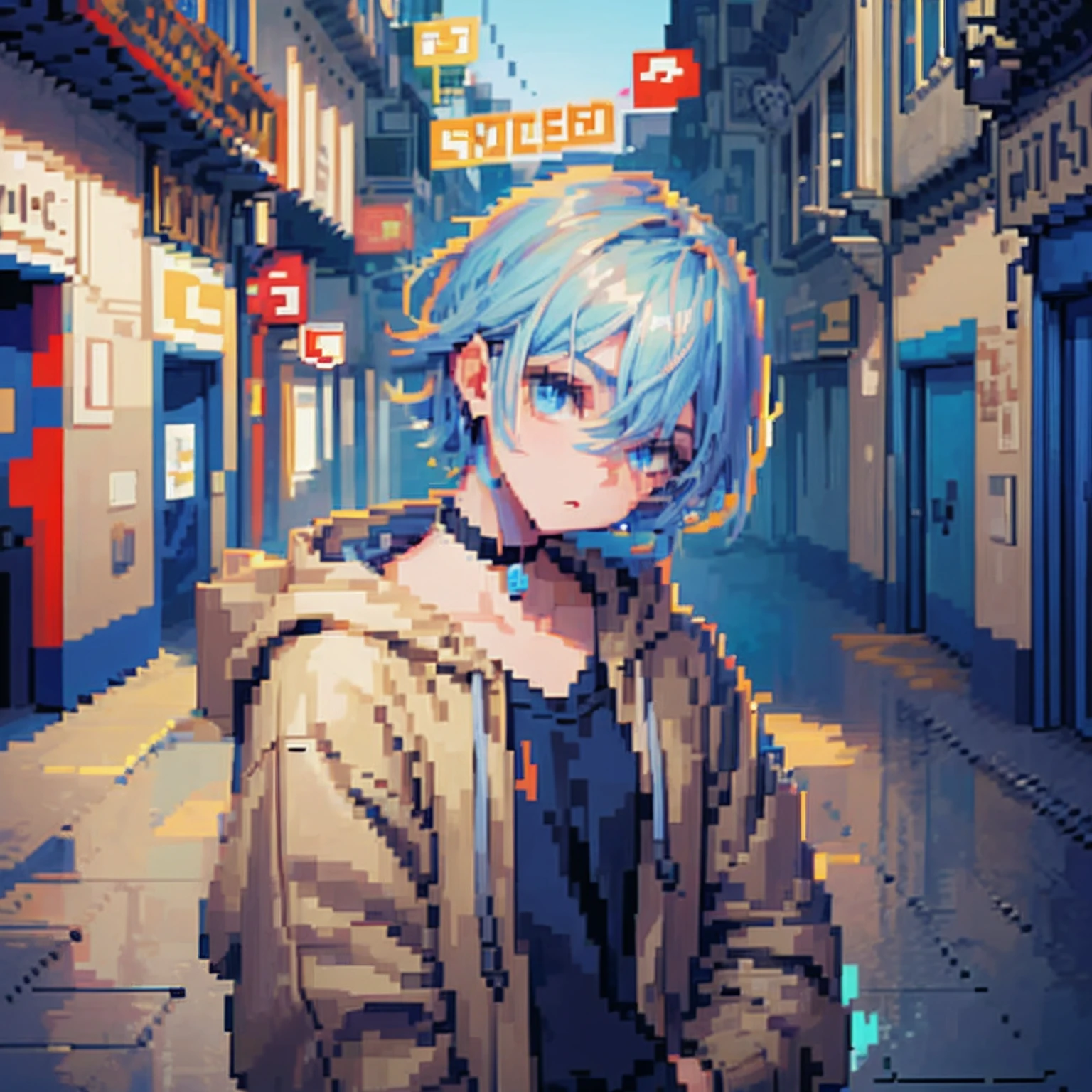 ((The style of pixel art)), pix, 4-bit pixel art, 1 Boys close, Face only, Beige hair, blue hairs, Blue eyes,  choker necklace,Loose hoodie,Black hoodie， Pixel official art, absurd res, view the viewer, solofocus, Dynamic Angle, Head tilt, , Ultra-fine pixel art