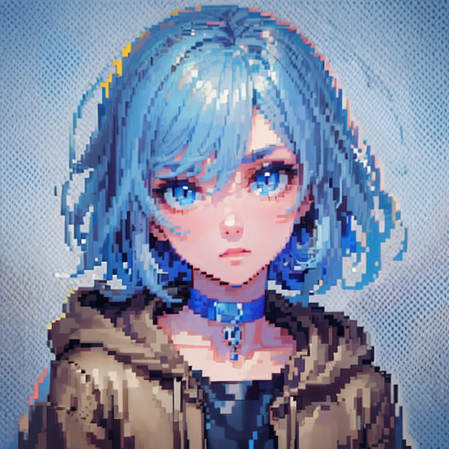 ((The style of pixel art)), pix, 4-bit pixel art, 1 Boys close, Face only, Beige hair, blue hairs, Blue eyes,  choker necklace,Loose hoodie,Black hoodie， Pixel official art, absurd res, view the viewer, solofocus, Dynamic Angle, Head tilt, , Ultra-fine pixel art