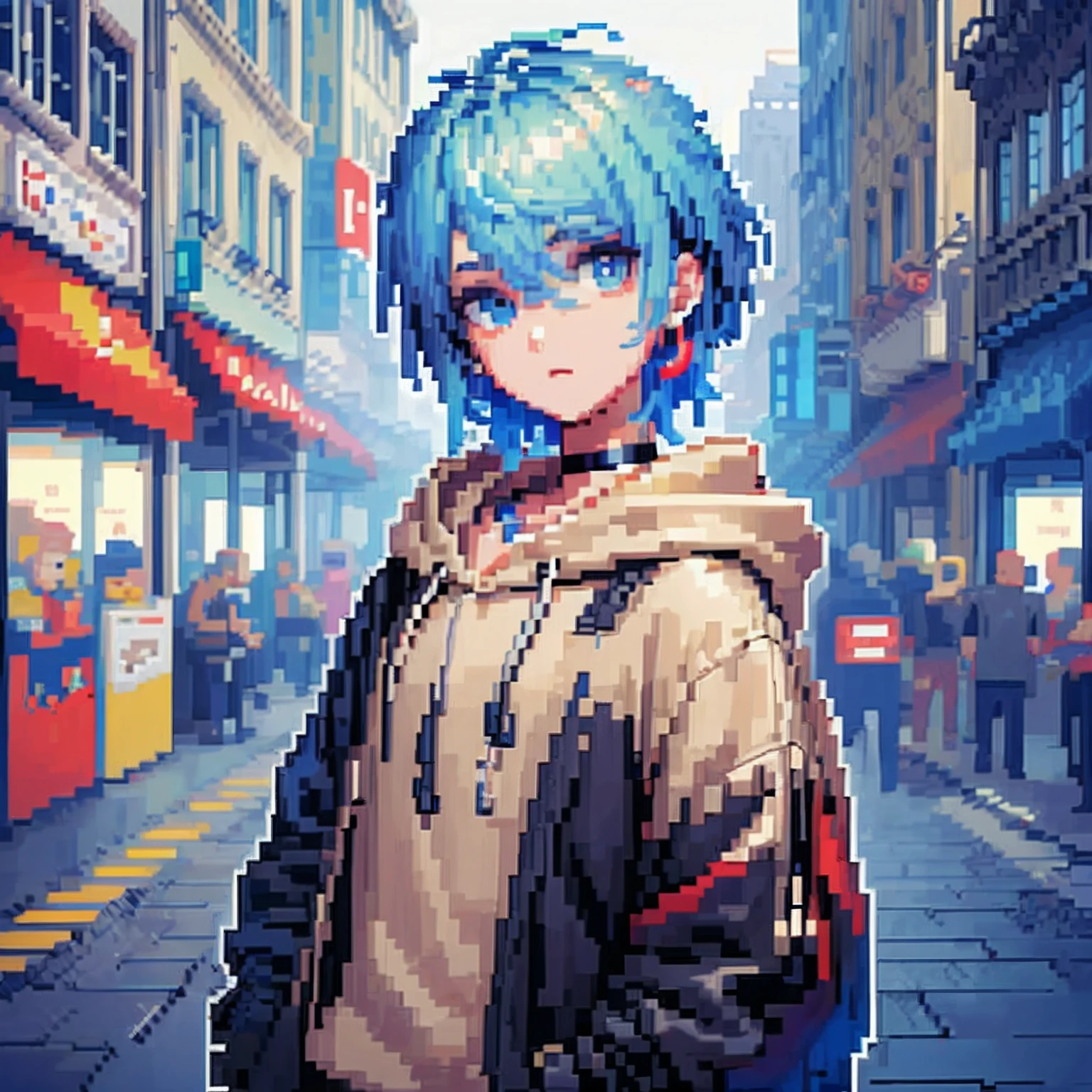 ((The style of pixel art)), pix, 4-bit pixel art, 1 Boys close, Face only, Beige hair, blue hairs, Blue eyes,  choker necklace,Loose hoodie,Black hoodie， Pixel official art, absurd res, view the viewer, solofocus, Dynamic Angle, Head tilt, , Ultra-fine pixel art