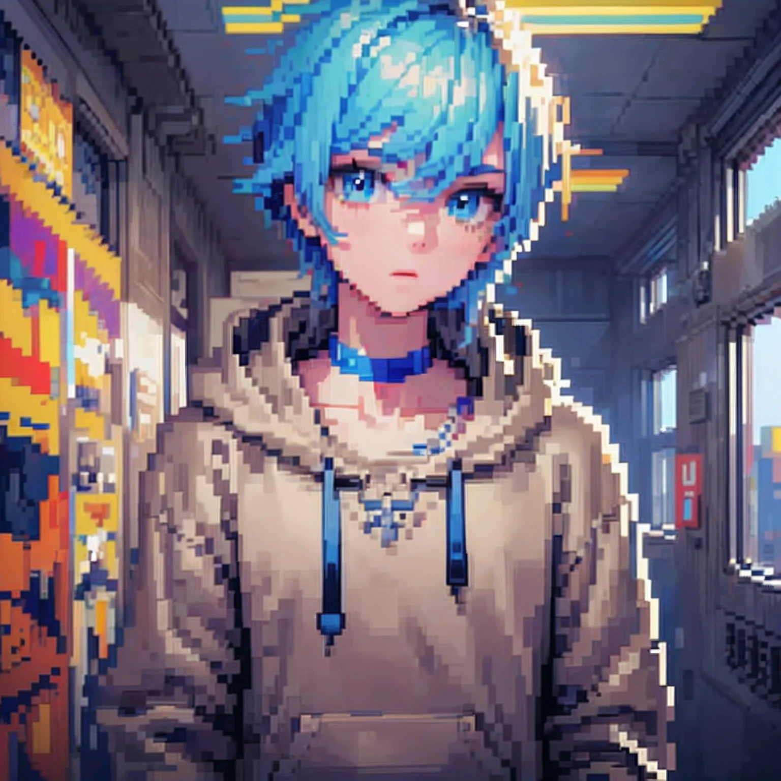 ((The style of pixel art)), pix, 4-bit pixel art, 1 Boys close, Face only, Beige hair, blue hairs, Blue eyes,  choker necklace,Loose hoodie,Black hoodie， Pixel official art, absurd res, view the viewer, solofocus, Dynamic Angle, Head tilt, , Ultra-fine pixel art