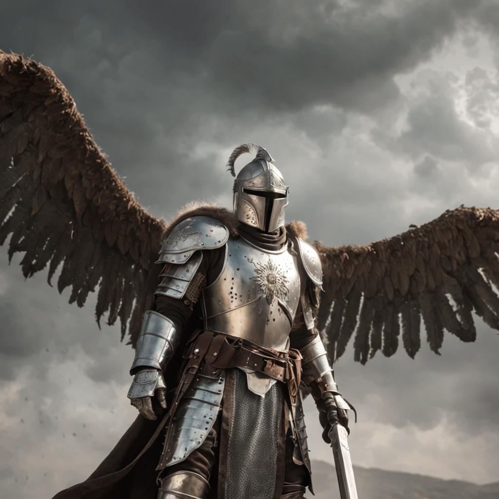 In a kingdom ravaged by darkness and despair, Imagine a scenario，The heavily armed angel knight appears as a beacon of hope. Dressed in glittering armor, The knight stood tall，Stretch your wings, Exudes an aura of strength and unwavering determination. Set the scene on a desolate battlefield, The remnants of a fierce battle are scattered on the scorched earth. The sky overhead crackled with dark energy, Hint that there is still an imminent threat. Rest Explore the intricate details of the knight's armor, From polished metal plates decorated with celestial motifs to the ethereal glow emitted by swords and shields. Consider their expression, Capture the determination and compassion that defines its noble goals. Rest as the knights investigate the consequences of the battle, Describe the landscape in progress – a war-torn land，Scarred by darkness, But he was touched by a faint ray of hope. Explore the poignant contrast between destruction and the tenacity embodied in knighthood. Break Make a story or scene，Summarizing the essence of this moment, Get an insight into the knight's motives, Internal struggle, and the weight of their responsibilities as protectors. Consider weaving elements of the fantasy world they inhabit, For example, Otherworldly creatures or dark forces, Enhance the narrative，Drive the journey of the knight heroes.