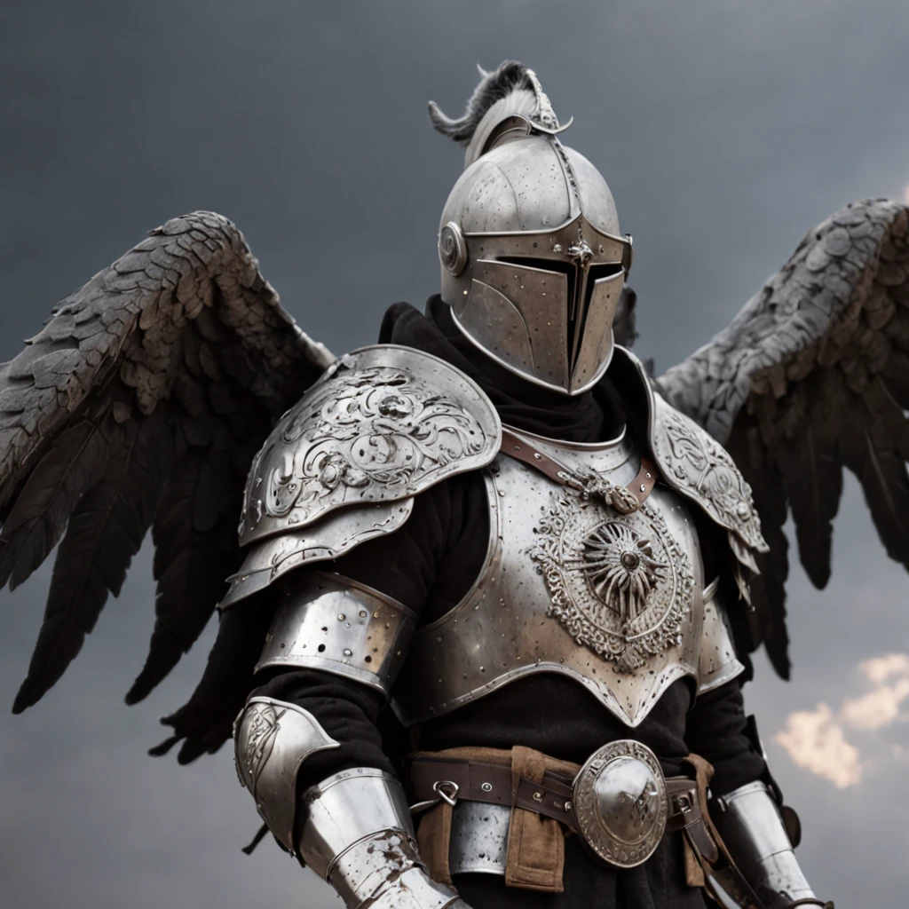 In a kingdom ravaged by darkness and despair, Imagine a scenario,The heavily armed angel knight appears as a beacon of hope. Dressed in glittering armor, The knight stood tall,Stretch your wings, Exudes an aura of strength and unwavering determination. Set the scene on a desolate battlefield, The remnants of a fierce battle are scattered on the scorched earth. The sky overhead crackled with dark energy, Hint that there is still an imminent threat. Rest Explore the intricate details of the knight's armor, From polished metal plates decorated with celestial motifs to the ethereal glow emitted by swords and shields. Consider their expression, Capture the determination and compassion that defines its noble goals. Rest as the knights investigate the consequences of the battle, Describe the landscape in progress – a war-torn land,Scarred by darkness, But he was touched by a faint ray of hope. Explore the poignant contrast between destruction and the tenacity embodied in knighthood. Break Make a story or scene,Summarizing the essence of this moment, Get an insight into the knight's motives, Internal struggle, and the weight of their responsibilities as protectors. Consider weaving elements of the fantasy world they inhabit, For example, Otherworldly creatures or dark forces, Enhance the narrative,Drive the journey of the knight heroes.