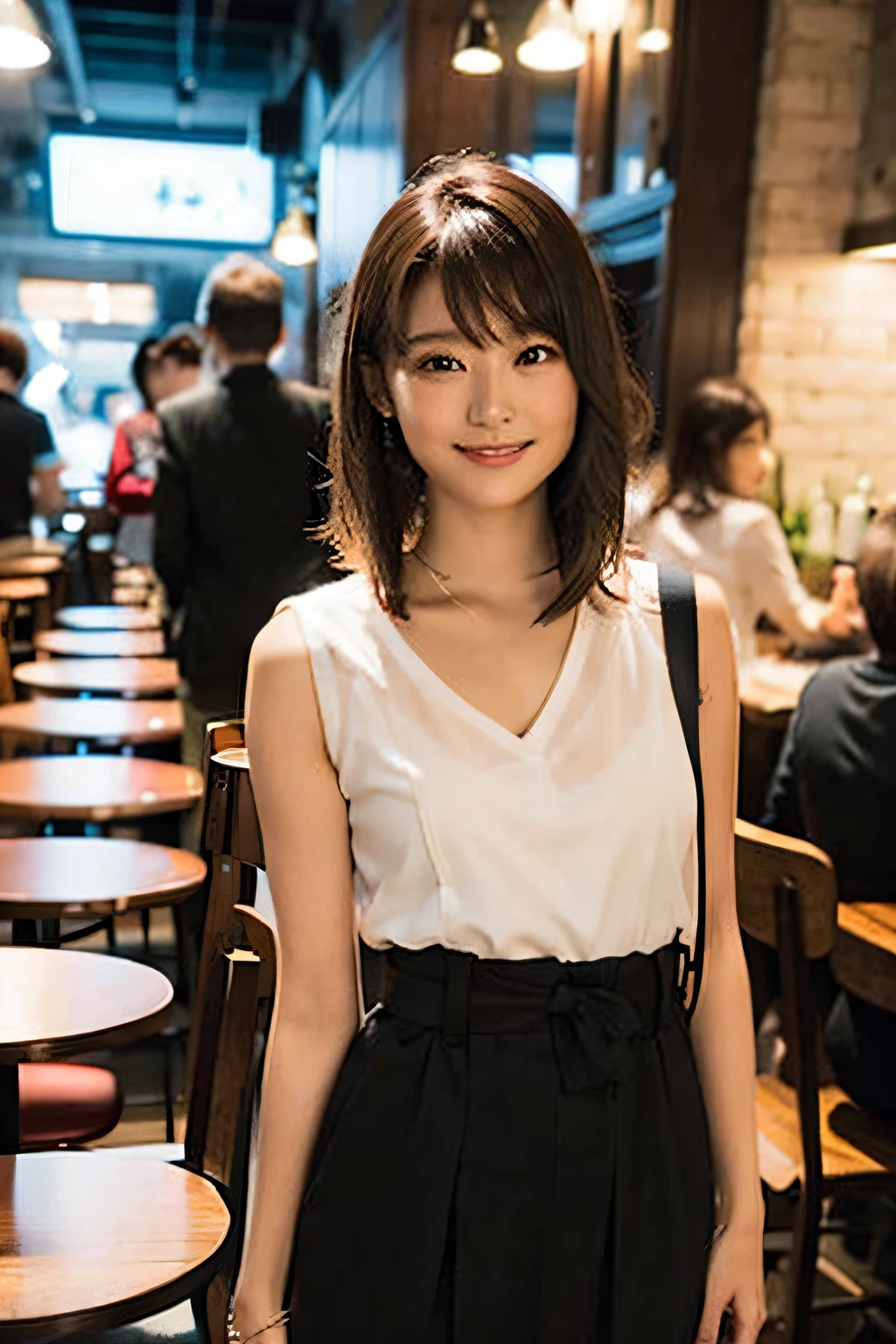(8K、Raw photography、top-quality、masterpiece:1.2)、(realisitic、Photorealsitic:1.37)、ultra-detailliert、超A high resolution、女の子1人、see the beholder、beautifull detailed face、Cheerful smile、Constriction、(Slim waist) :1.3)、Beautiful detailed skin、Skin Texture、Crowded café in the background Iced coffee in seats across from each other student Neat and elegant The average hairstyle of Japan idols(Semi-long)little smiling waist shot light skinned Clear muscle School uniform、Wet clothes