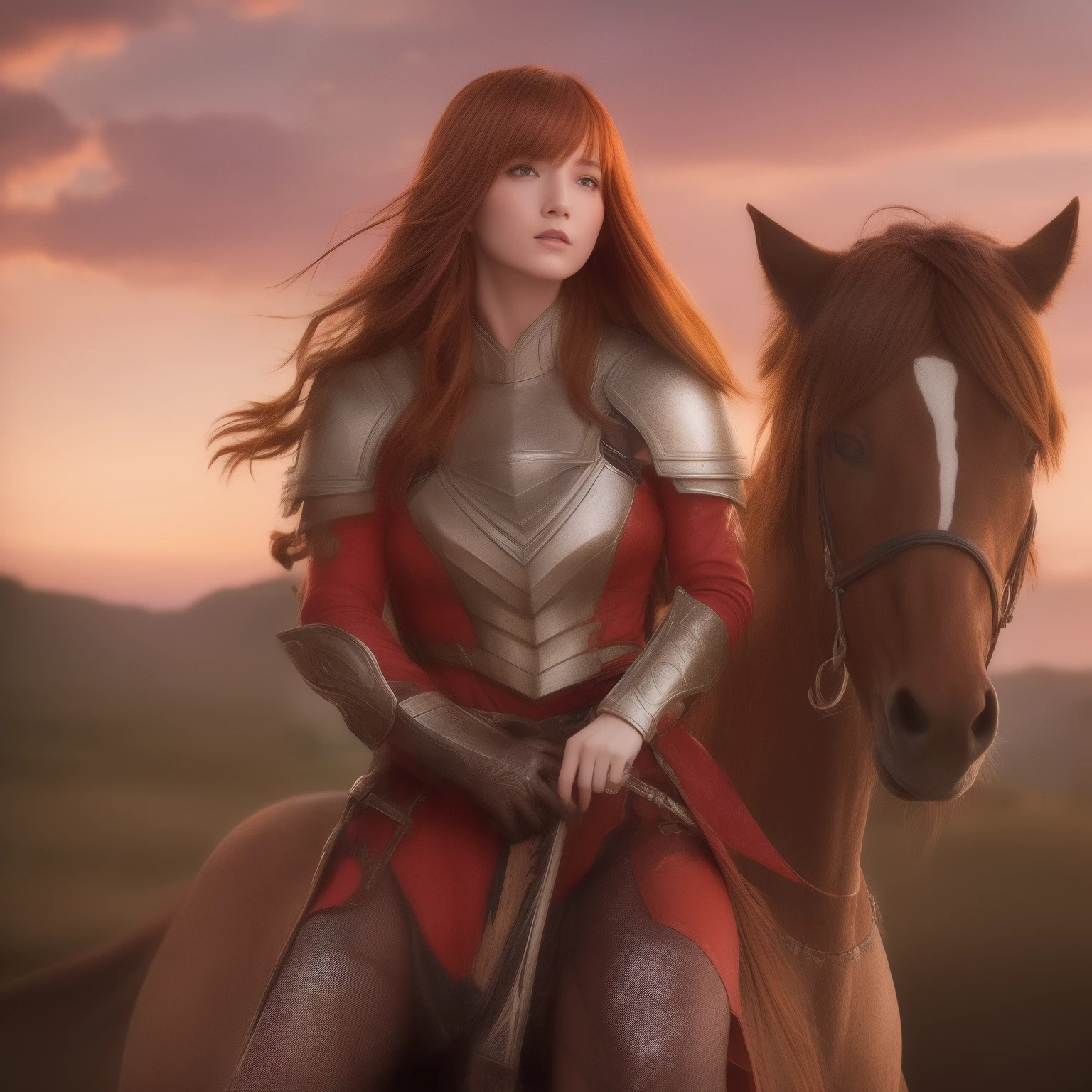 Battlefield、s Armor、Red armor、Hold your sword、femele、Rin々Looks、Staring into the distance、Flag flutters、Beautiful face、early evening、the setting sun、equine、Falling people々、Revolutions、red hairs、Medium Hair、fluffy hair、Pretty Woman、25-years old、realisitic、