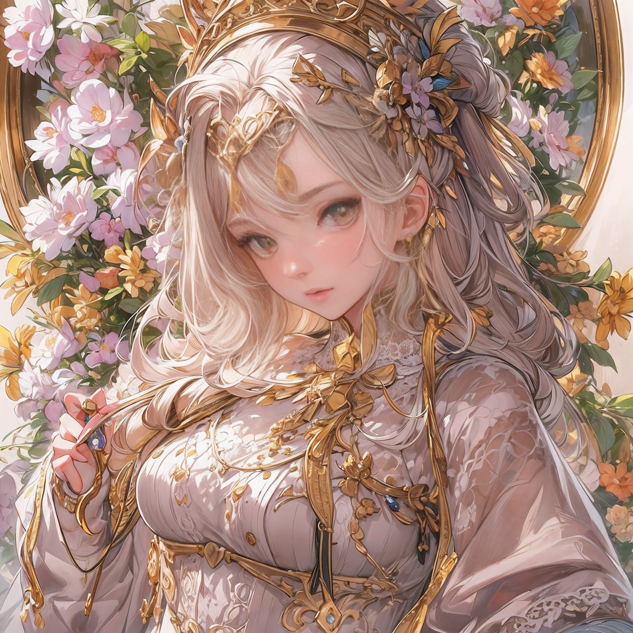 ((Masterpiece, Highest quality)), Detailed face, CharacterDesignSheet,perfectly proportions,full bodyesbian, Full of details, Multiple poses and expressions, Highly detailed, Depth, beuaty girl,Sweatshirt,Lace,lacepantyhose, High Balance, Overhead halo,Natural light,amarelo,Garland decoration