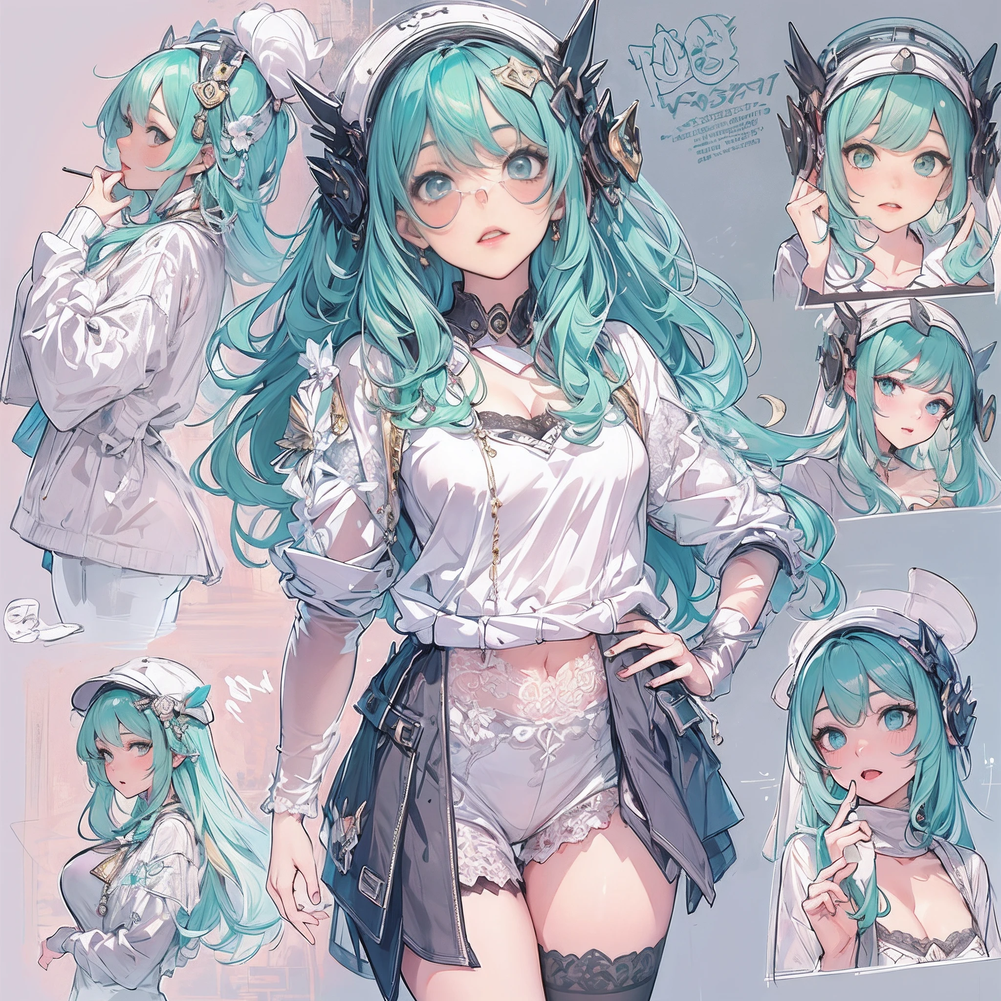 ((Masterpiece, Highest quality)), Detailed face, CharacterDesignSheet,perfectly proportions,full bodyesbian, Full of details, Multiple poses and expressions, Highly detailed, Depth, beuaty girl,Sweatshirt,Lace,lacepantyhose, High Balance, Overhead halo,Natural light,green and blue