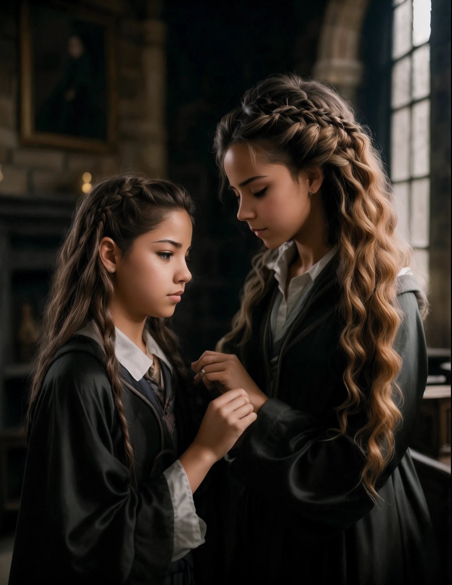 There are two girls in bathrobes together in a room, em hogwarts, Magali Villeneuve e Monet, Hermione Granger, Hermione, estilo hogwarts, vestindo hogwarts!!! Vestidos!!!, Directed by: Emma Andijewska, inspirado em Hermione Hammond, promocional ainda, Photo Session, Por Irakli Nadar, Res:, Isabela Moner, varinhas de segurar