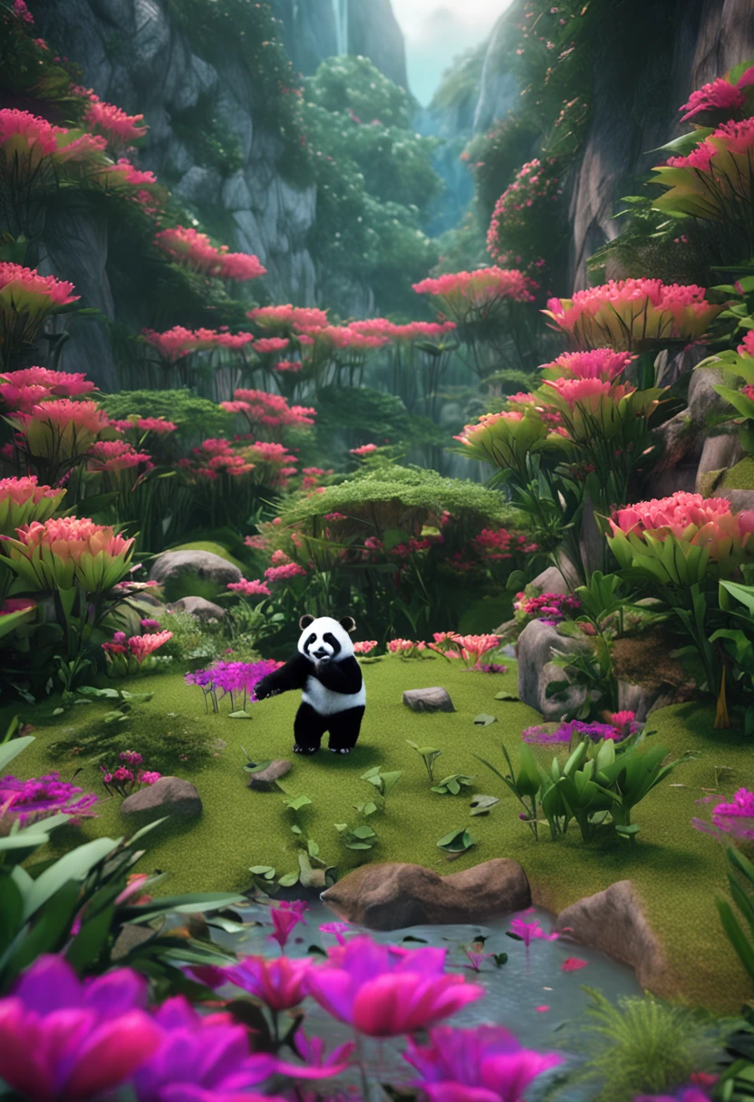 Panda Fly,bamboo forrest,flower sea