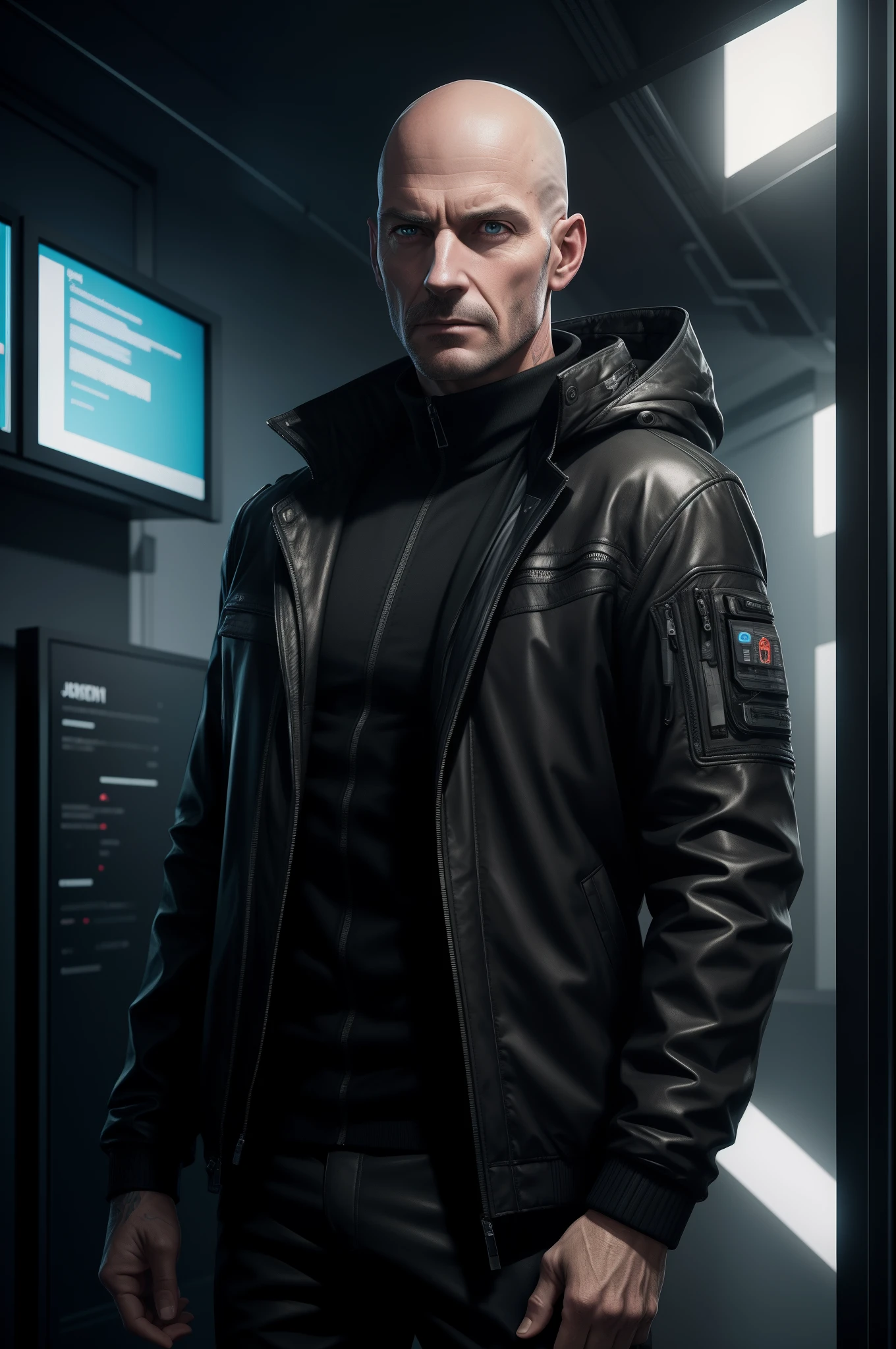 there is a man in a black jacket and a black jacket, 8k portrait render, john lockhart portrait, portrait of john lockhart, unreal engine character art, john lockhart, sci fi female character, hyper-realistic cyberpunk style, cyberpunk art ultrarealistic 8k, bald male lead character, cyberpunk john alvarez, hyper realistic sci fi realistic, john lockheart, open bright corporate office