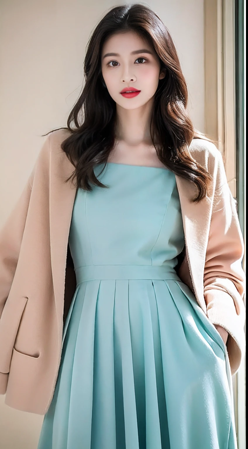 Korean women, goddess, long hair, delicate skin texture and cloth texture, delicate eyes, long eyelashes, double eyelids, upper body, hotel, 8k, highest image quality, masterpiece, super high resolution: 1.2, beautiful female photo with theme of girly elegant style, Aalfi in dress, (zettai ryouiki), preppy style dress, cashmere fabric, preppy style, femininization in cute pastel tones, femininity in soft tones, wearing smooth dresses, soft tones, pastel colors, light clothing, pastel tones, pastel clothing, Korean female fashion model, pastel style, multi-layered clothing, wearing elegant clothing, soft and cute colors