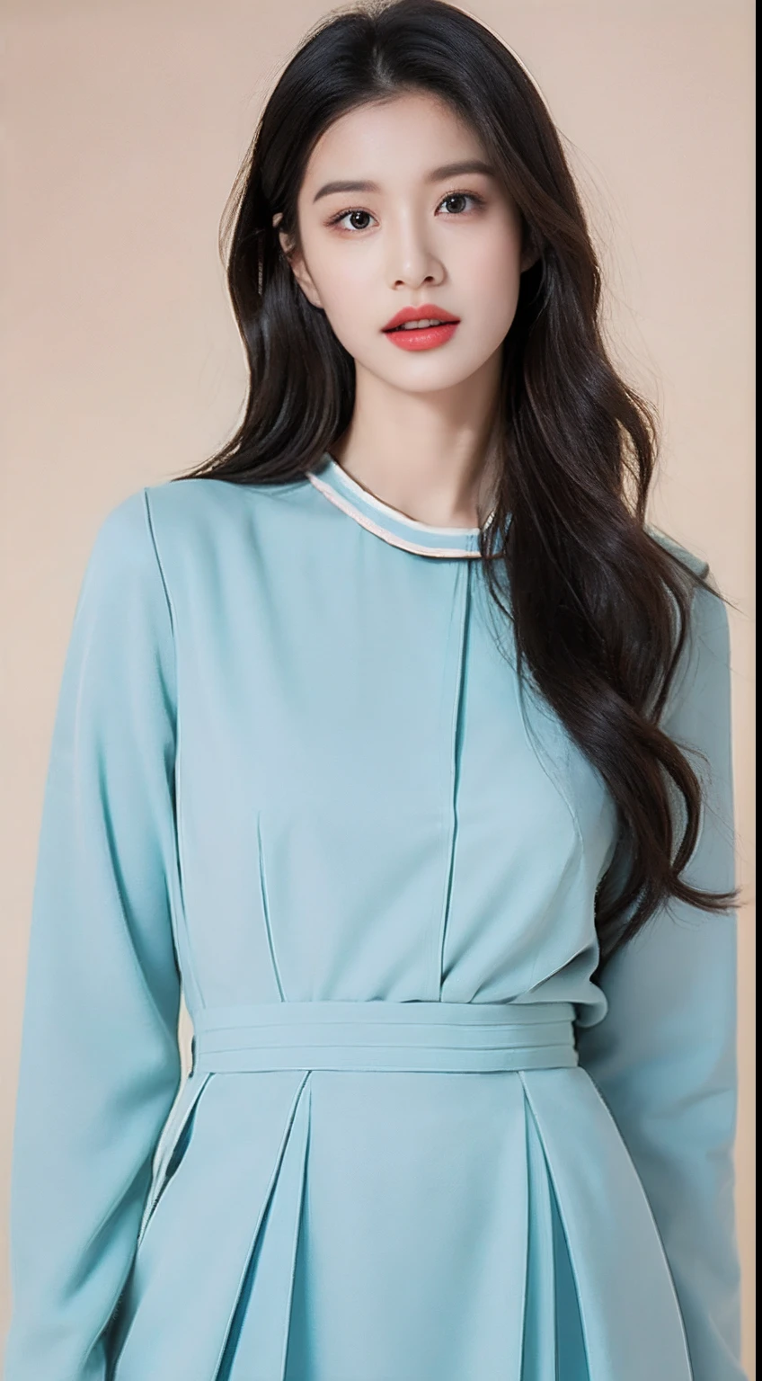 Korean women, goddess, long hair, delicate skin texture and cloth texture, delicate eyes, long eyelashes, double eyelids, upper body, hotel, 8k, highest image quality, masterpiece, super high resolution: 1.2, beautiful female photo with theme of girly elegant style, Aalfi in dress, (zettai ryouiki), preppy style dress, cashmere fabric, preppy style, femininization in cute pastel tones, femininity in soft tones, wearing smooth dresses, soft tones, pastel colors, light clothing, pastel tones, pastel clothing, Korean female fashion model, pastel style, multi-layered clothing, wearing elegant clothing, soft and cute colors