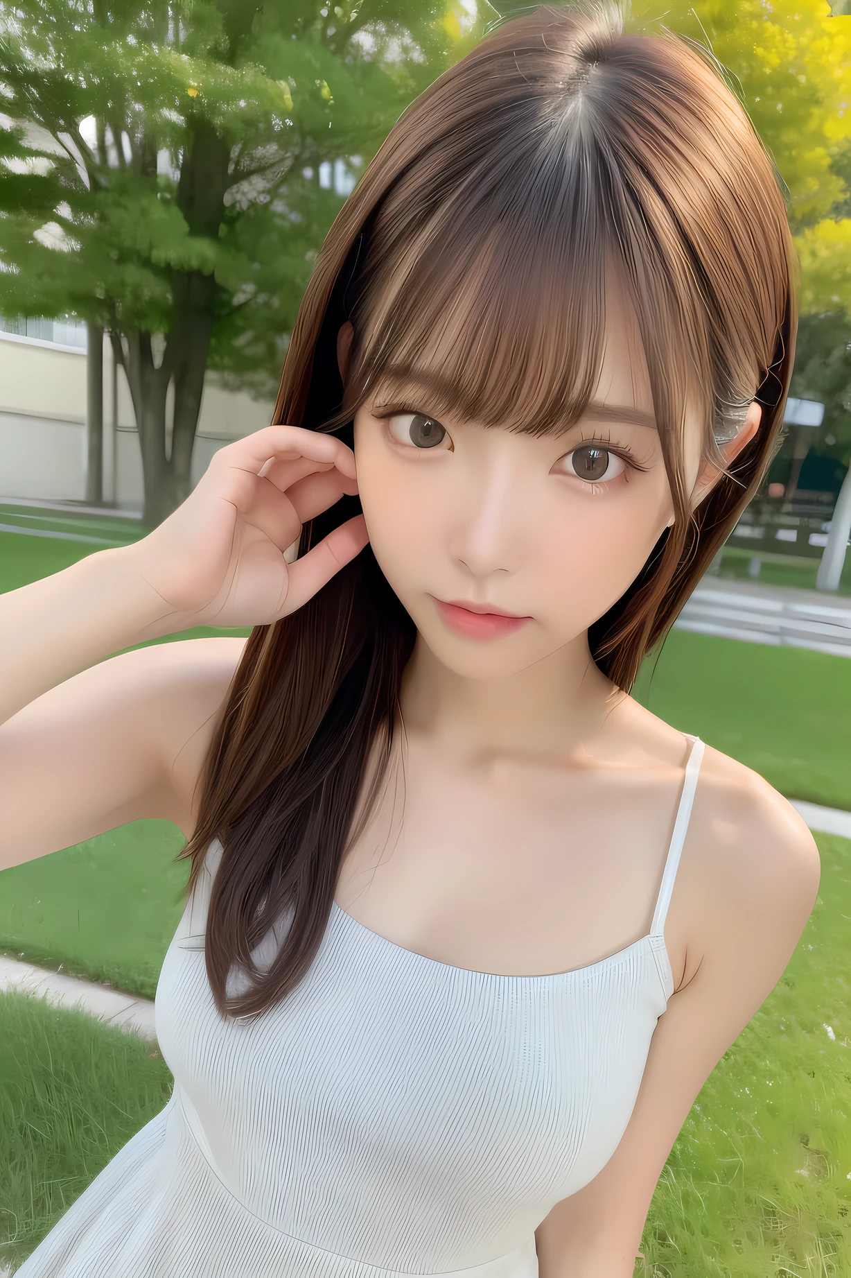 absurdres, (masterpiece, best quality), (ultra-detailed), extremely detailed,super high resolution, (Top Quality photorealistic Illustration), (Super Definition), (best quality,masterpiece:1.0),(cute illustration), (high Saturation:1.2), highres, ultra-detailed, 32k,8k resolution, intricate details, cinematic scene, detailed background, Soar (High chroma),(Sparkling),bathroom, depth background, in the sandy beach, ocean, splashing, blue sky, windy, rim light, sunlight, beautiful lighting, strong light,BREAK (1 girl) (kawaii), (cute), Beautiful and delicate eyes, Delicate and beautiful face, Facial accents, Perfect figure,(open shirt), (show off small :1.6), (small areolasorms、bright expression、short bowl cut、Young shiny shiny white shiny skin、Best Looks、Natural black hair with dazzling highlights、shiny light hair, (short hair), silky straight hair、Beautiful bangs that shine、Double eyelids、eye liner、Glowing crystal clear attractive big brown eyes,(Very beautiful nice cute 14 year old No
