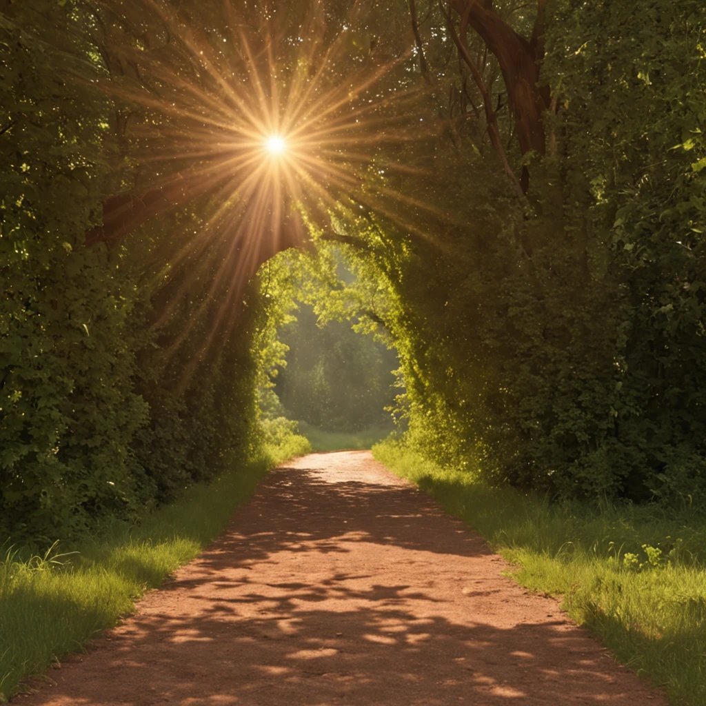 Encontre o Sol em Si. The inner Sun you encounter illuminates the outer path you walk. scenic view, foto deve ser ultra realista. 8k unidade render, (vibrante, fotografia realista, Realistic, foco nítido, 8k), (altamente detalhado:1.4), (global ilumination, luz natural),