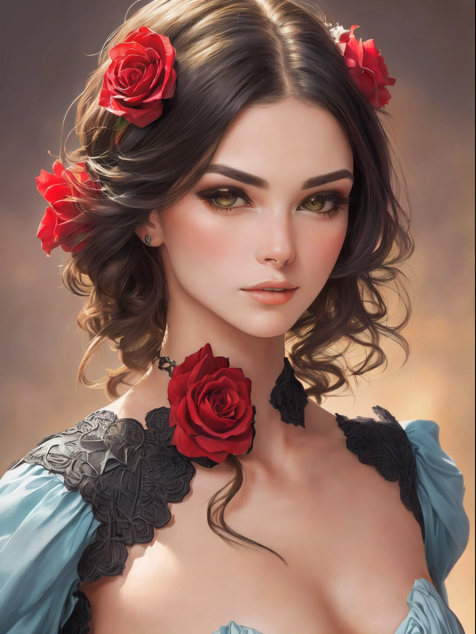 Mulher europeia, cabelos longos, cabelos castanhos, olhar profundo, estilo Frank Frazetta. Fundo de rosas vermelhas, passionate expression, covinhas na bochechas.