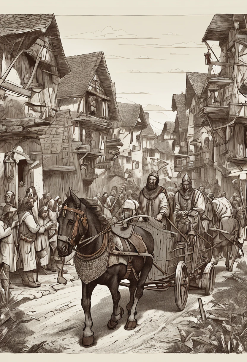 Quero criar uma imagem para um livro. An image of a scene depicting a medieval caravan leaving, em fila, with horses and carts, de uma enorme cidade medieval, where on the road they find a  in a basket.