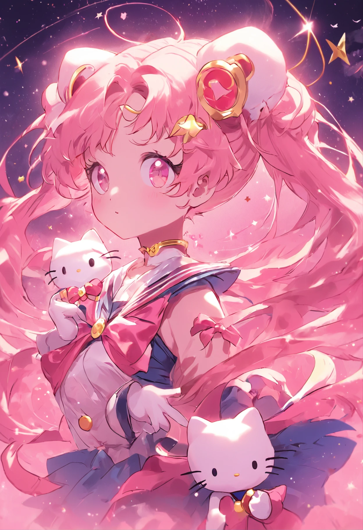 "Hello Kitty meets Sailor Moon, creating a unique hybrid character with a touch of magic."