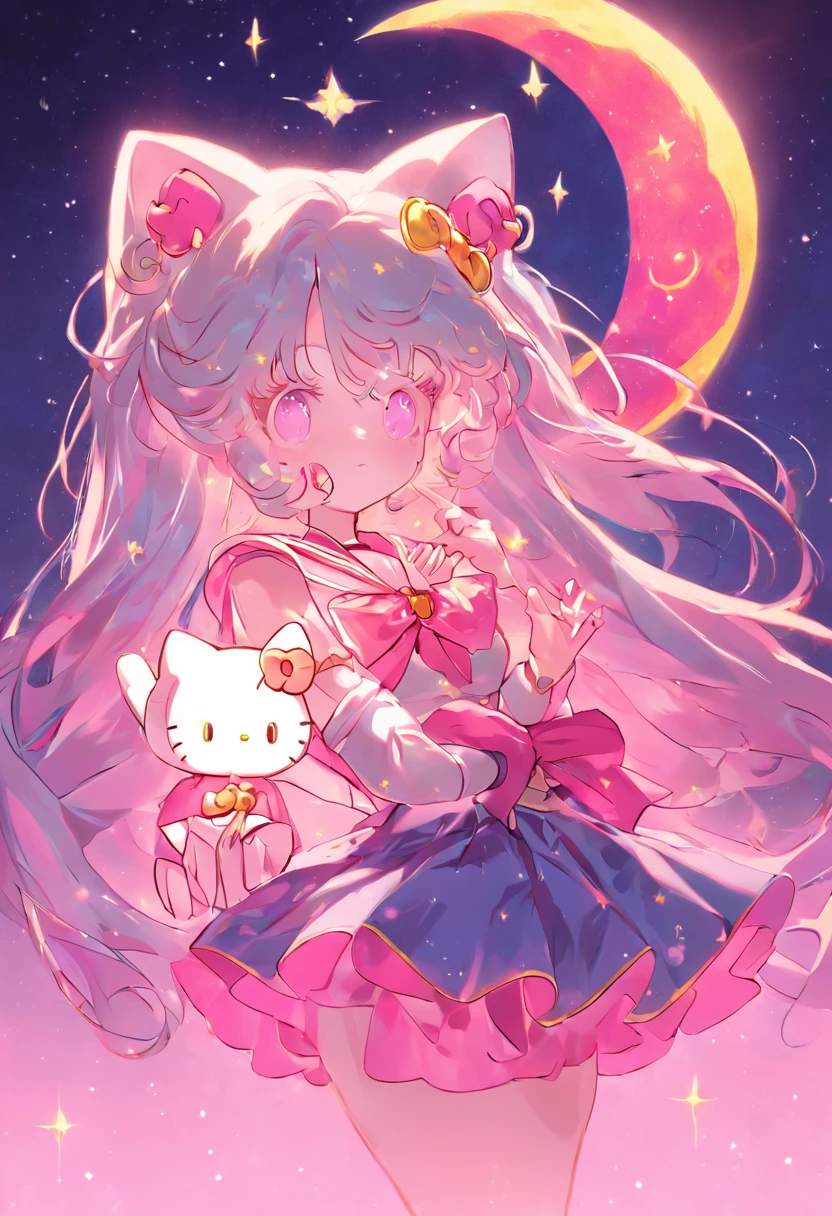 "Hello Kitty meets Sailor Moon, creating a unique hybrid character with a touch of magic."