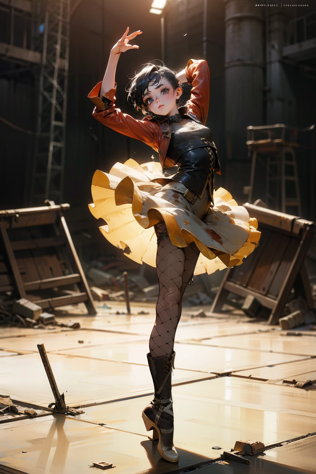 Create an image of a ballet dancer in a traditional tutu, fishnets with holes yet tattered and worn ballet costume. She stands in the midst of a post-apocalyptic wasteland, (((doning a classic ballet pose))) with her hair disheveled and makeup smudged, . Her outfit should incorporate post-apocalyptic elements, like rugged boots and a leather jacket with shoulder pads.