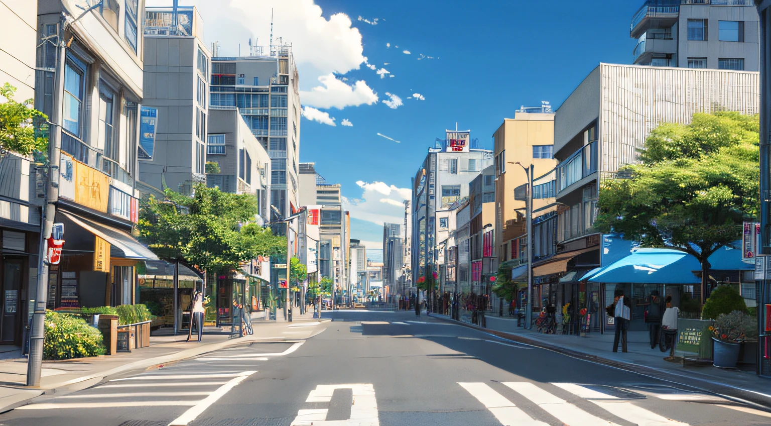 Top image quality、Illustration style、​masterpiece(1.0)、street level view, streetview, photograph of the city street, Residential area, japanese downtown, sakimichan hdri, streetview, city streetscape, with matsu pine trees, japanese street, streetscape, wide angle photograph, the neat and dense buildings, from street level