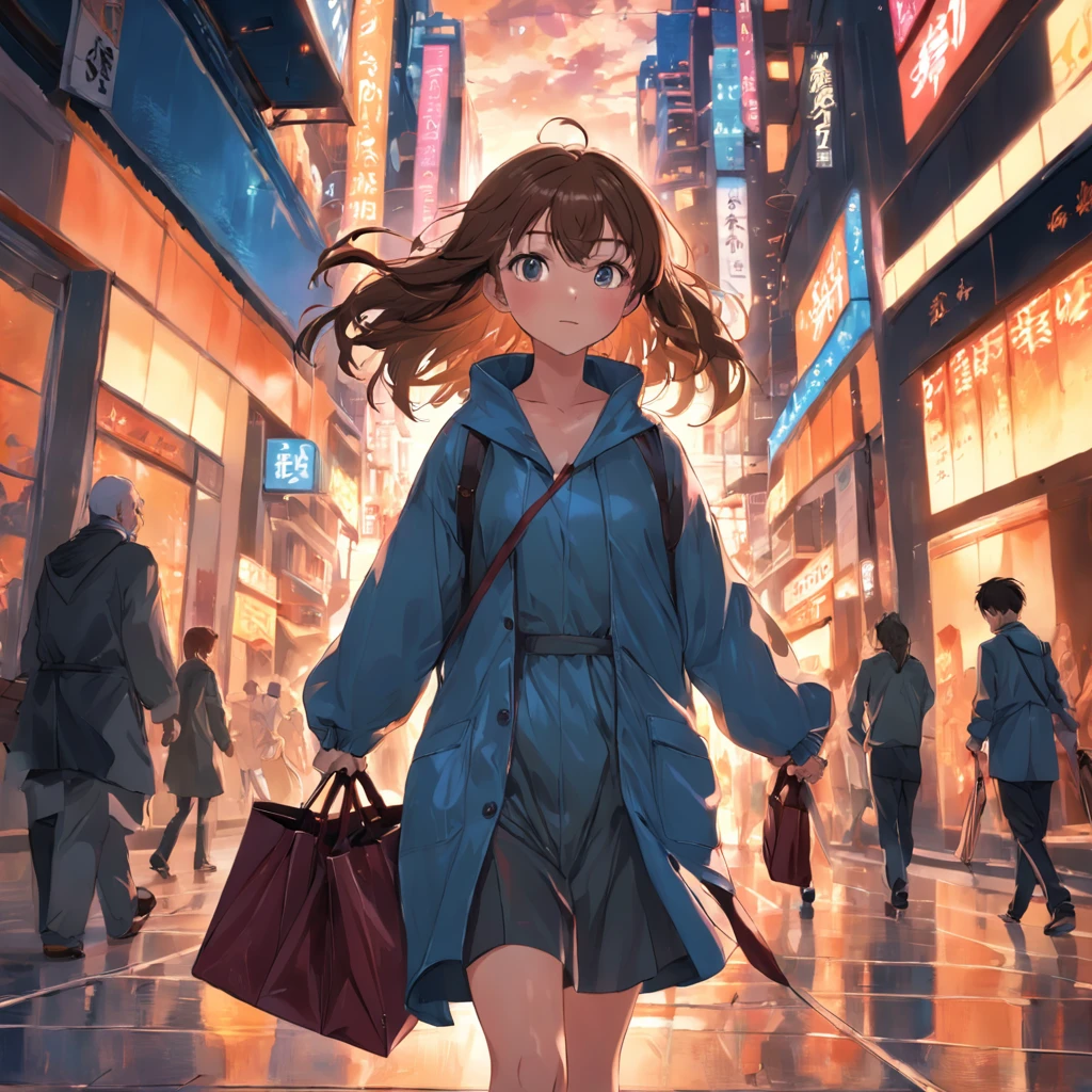 Girl happily walking with large fashionable bag，rightward，full bodyesbian，Skipping，Lustrous brown hair，Walking around the city，