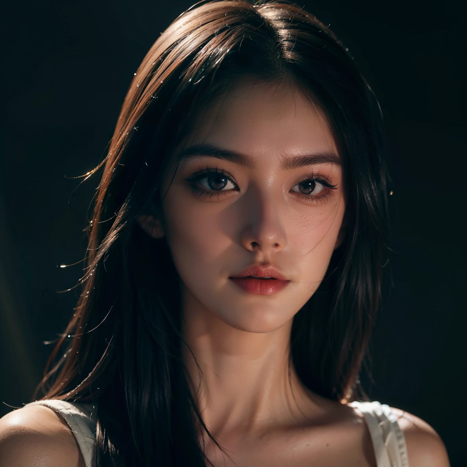 Best quality, masterpiece, ultra high res, (photorealistic:1.4), raw photo, 1girl, offshoulder, in the dark, deep shadow, low key, cold light