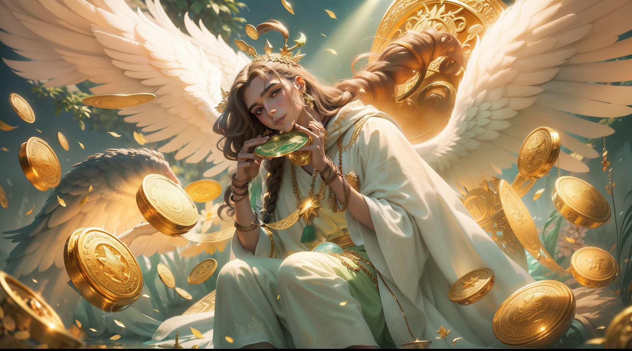 closeup do um lindo anjo, com grandes asas, religioso, Comportado, perfeito e realista, Roupas verdes e vermelhas, detalhes em ouro, Biblical garments, long hair with braids, sitting with a pot of gold in his hands, com asas grandes de ouro e coloridas, um jardim de trevos de 4 folhas, dinheiro, gold dollar siphon symbol, Background of gold pieces, chuva de ouro, Green money falling from the sky, loteria, realista, perfeito, sorteio de loteria, Lottery Grand Prize, The angel of abundance is also named as Abundia, Habone, Abundantia e Fulla, anjo homem abundia com uma cesta de ouro, ABUNDIA O ANJO DA FORTUNA, anjo da riqueza, arcanjo