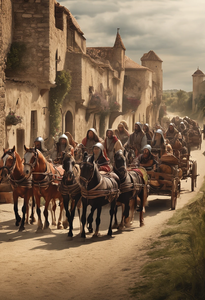 An image of a scene depicting a medieval caravan leaving, em fila, with horses and carts, de uma enorme cidade medieval, where on the road they find a in a basket, imagem real, photorealismo, cavaleiros em cavalos, cena medieval antiga, com cavaleiros com armaduras e armas montados em cavalos