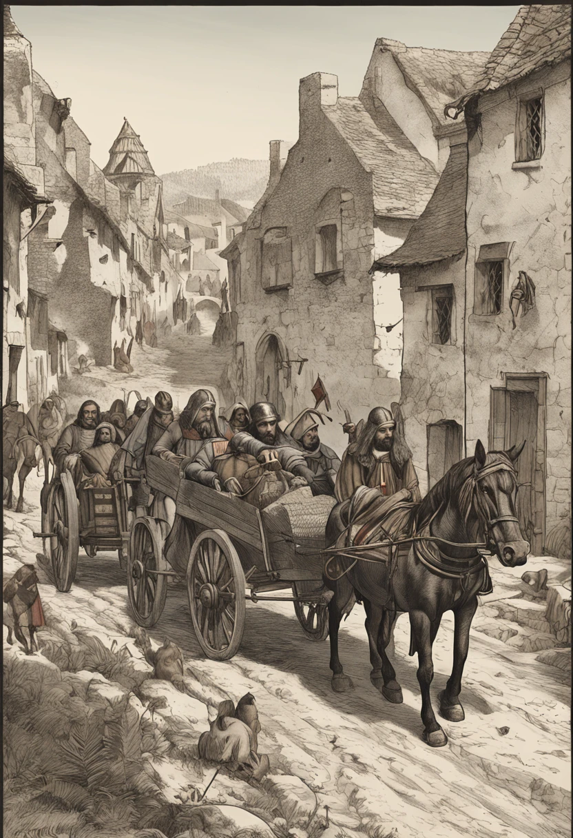 An image of a scene depicting a medieval caravan leaving, em fila, with horses and carts, de uma enorme cidade medieval, where on the road they find a in a basket, imagem real, photorealismo, cavaleiros em cavalos, cena medieval antiga, com cavaleiros com armaduras e armas montados em cavalos
