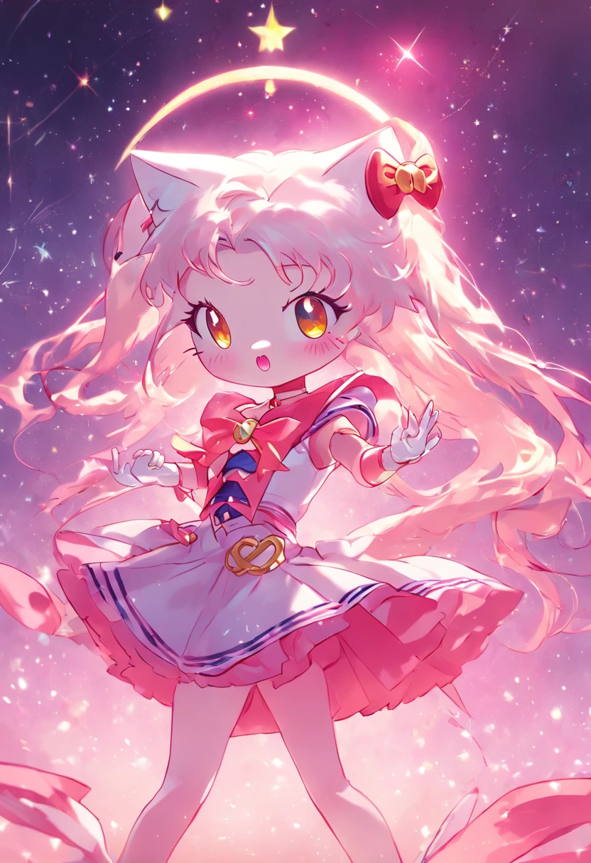 "Hello Kitty meets Sailor Moon, creating a unique hybrid character with a touch of magic."