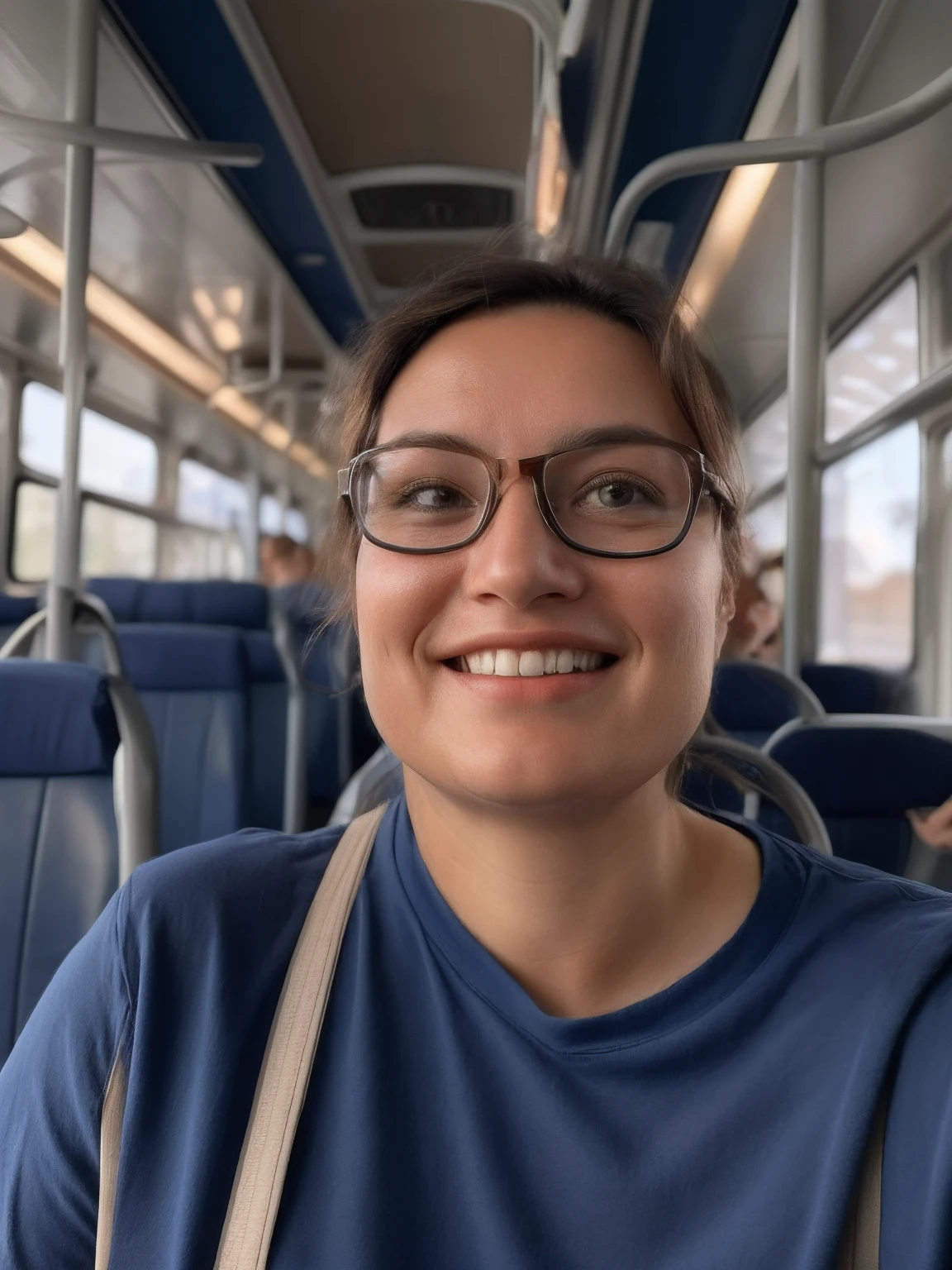 smiling woman in glasses on a bus with a blue shirt, very slightly smiling, happily smiling at the camera, slightly smiling, almost smiling, she is smiling and excited, smiling for the camera, photograph taken in 2 0 2 0, face is brightly lit, 8k selfie photograph, taken in the early 2020s, photo taken in 2 0 2 0