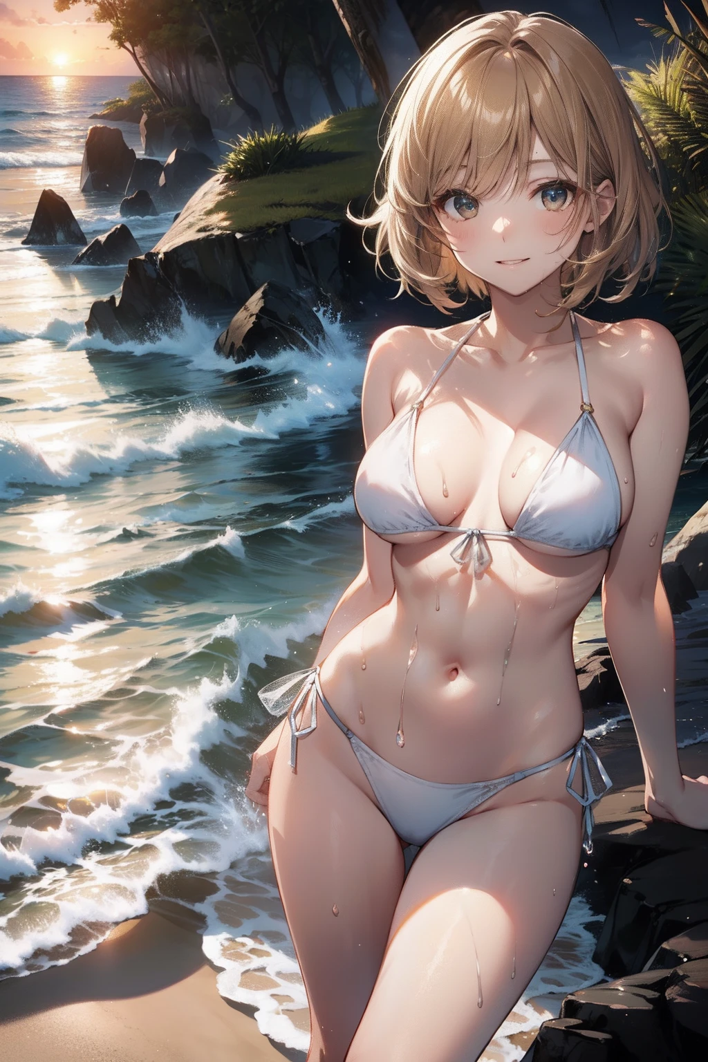 top-quality、Full limbs、complete fingers、Slender beauty、straight haired、very short hair of golden color、Raw feet、a white bikini、Small eyes、Wet texture、Beautiful Large Breasts、the beach、sand beach、Sunset、is standing、sexypose、Horizon、Frolic at the edge of the waves、ssmile