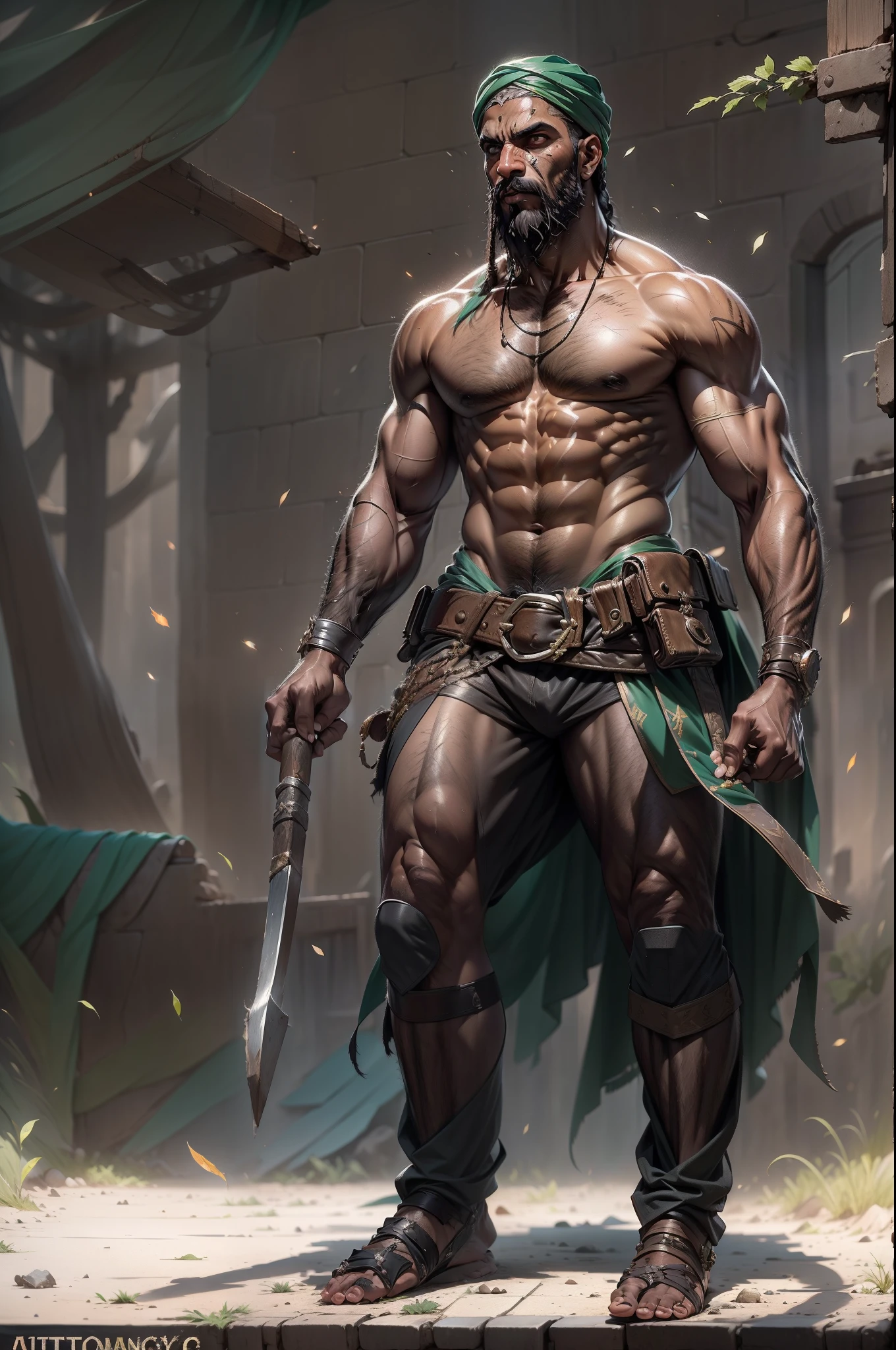 An independent adult man, warrior, There is a beard on the neck, Outdoors, Long、Strong body, short detailed hair, black-skinned, Naked upper body, Holding a T-bat, The painter was Greg Rutkowski, It's a lot of attention on ArtStation。, cowboy shot, anatomically correct, high details, textured skin