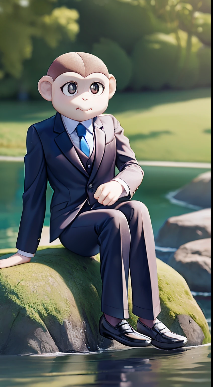A monkey（Upper body close-up 1.6）wear suit，Sitting on a large rock by the pond，com rosto detalhado，The eyes are delicate，The photo quality is the best，Realistic image quality，Background diffuse lighting，Depth of field display。